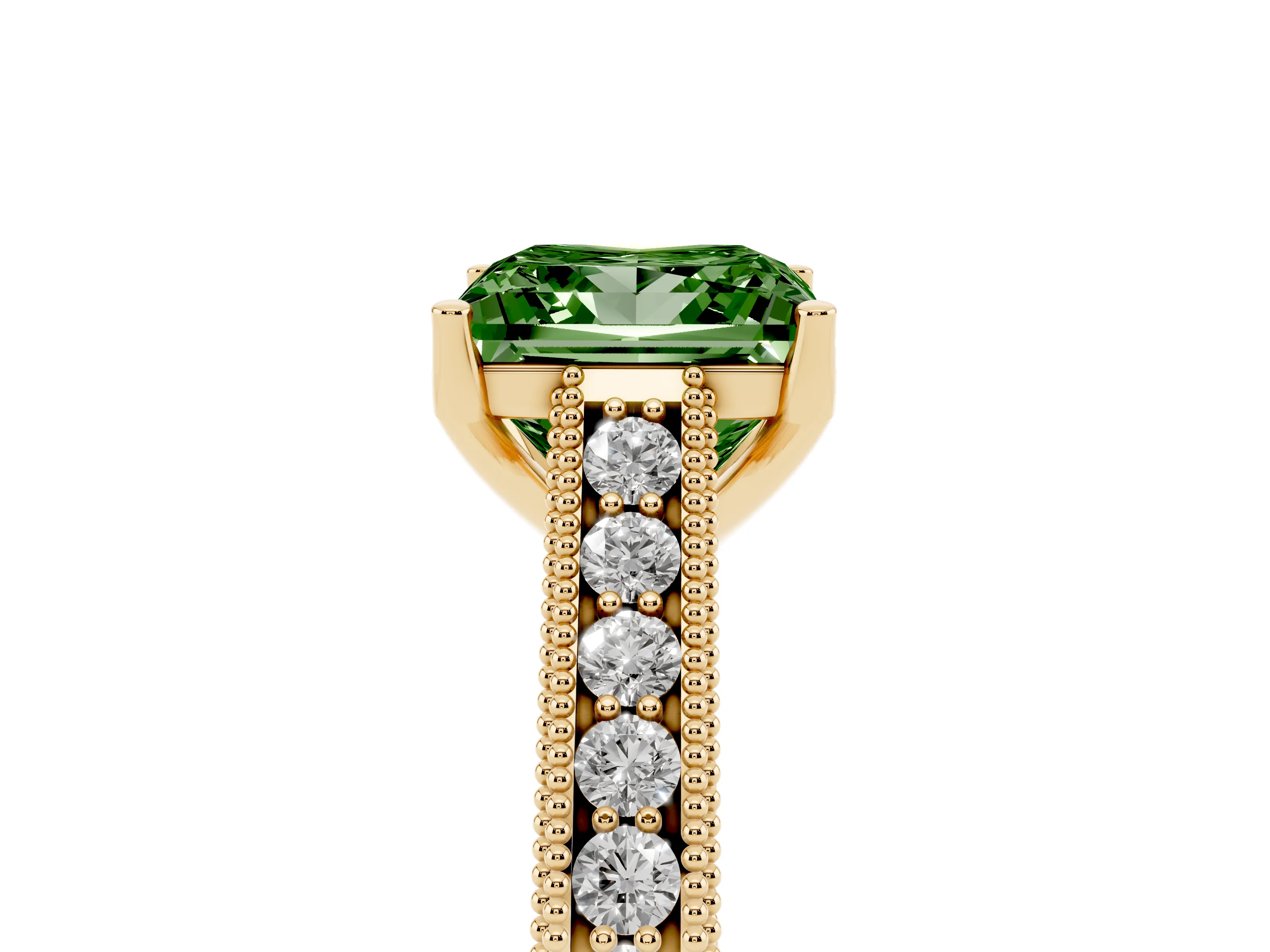 Fancy Green Princess Cut Diamond Milgrain Pavé Band Solitaire Ring Set in Yellow gold with Prong Setting
