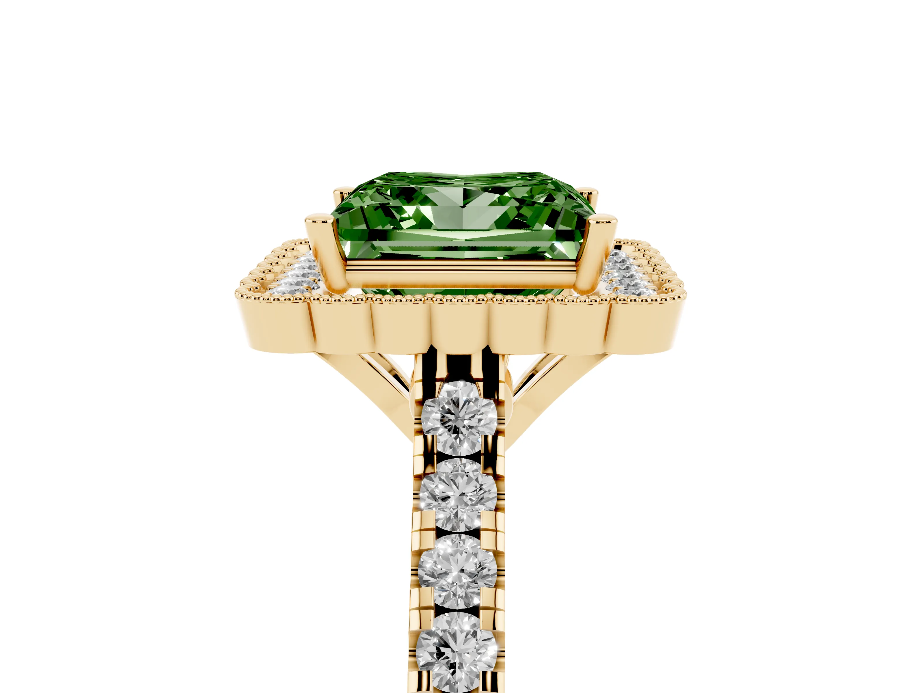 Fancy Green Princess Cut Diamond Milgrain Floral Halo Engagement Ring Set in Yellow gold with Pavé Band