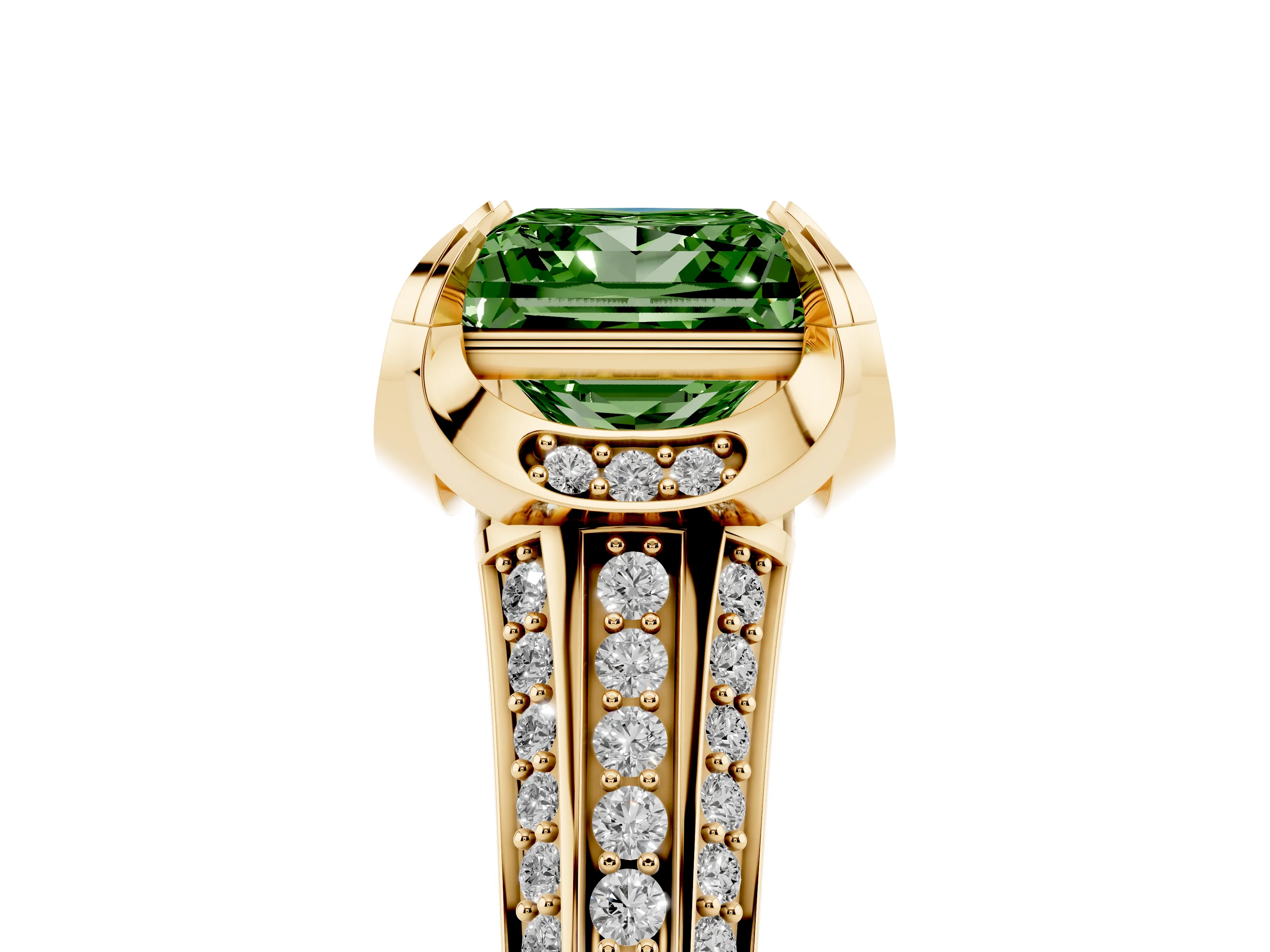 Fancy Green Princess Cut Diamond Pavé Split Shank Solitaire Ring Set in Yellow gold with Prong Setting