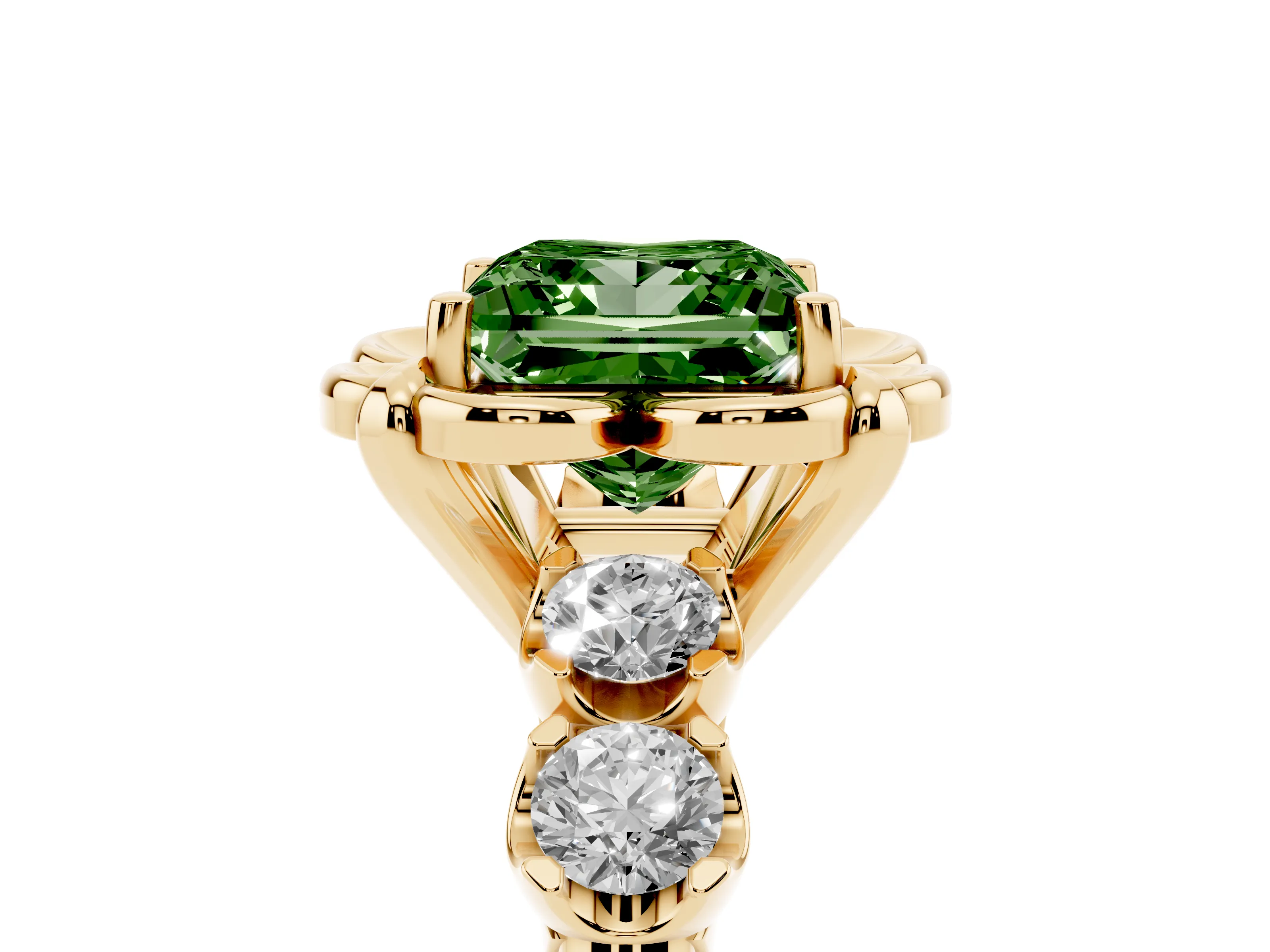 Fancy Green Princess Cut Diamond Floral Halo Ring Set in Yellow gold with Shared Prong Band