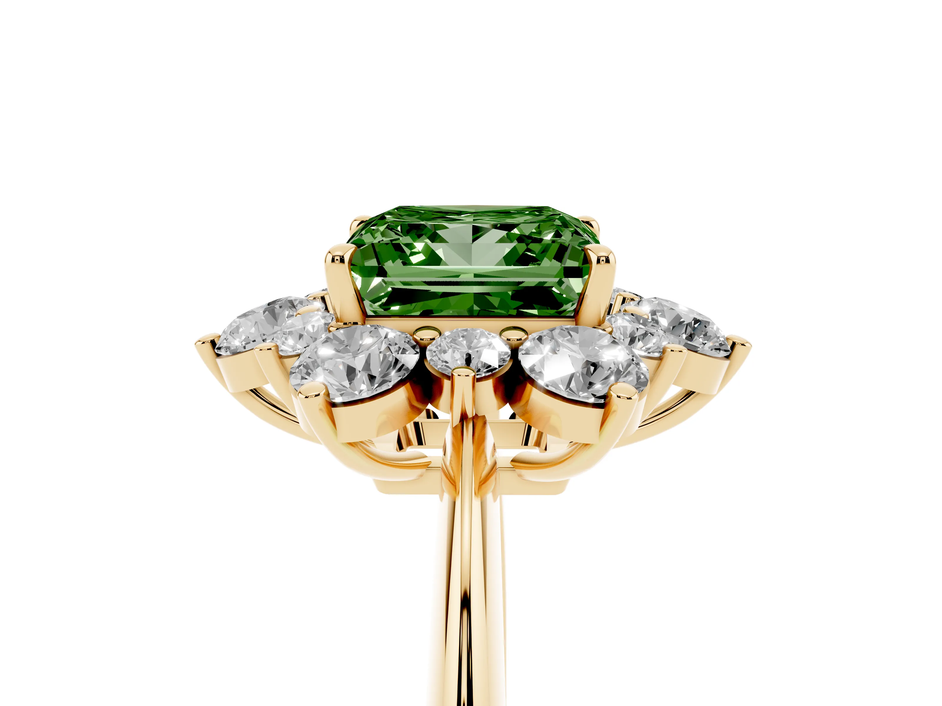 Fancy Green Princess Cut Diamond Cluster Halo Ring Set in Yellow gold with Solitaire Band and Prong Setting