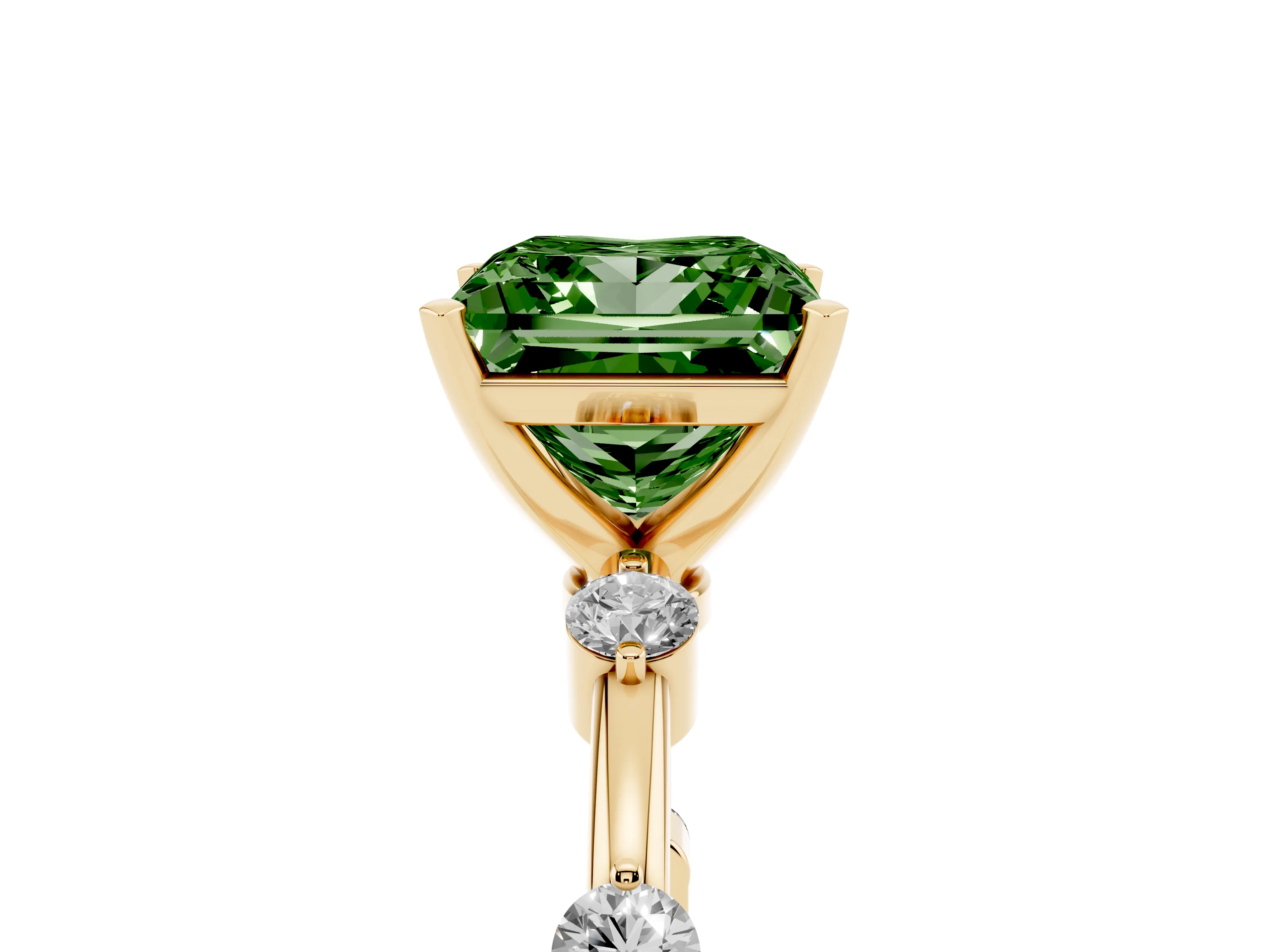 Fancy Green Princess Cut Diamond Solitaire Ring Set in Yellow gold with Bezel Set Side Stones and Prong Setting