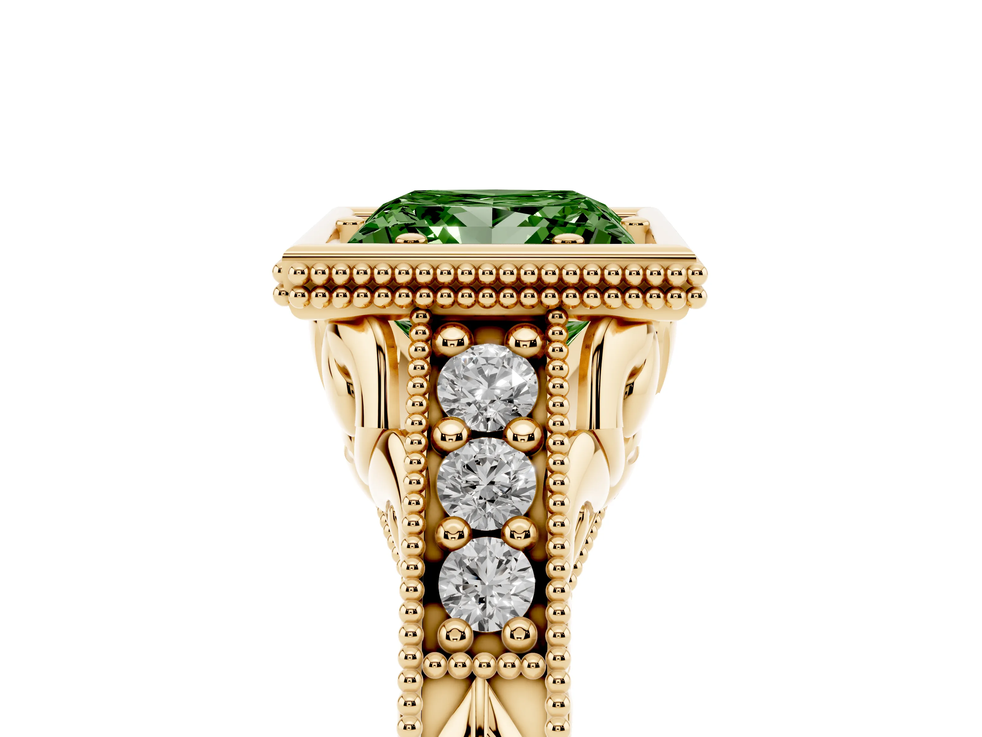Fancy Green Bezel Set Princess Cut Diamond Milgrain Pavé Engagement Ring Set in Yellow gold