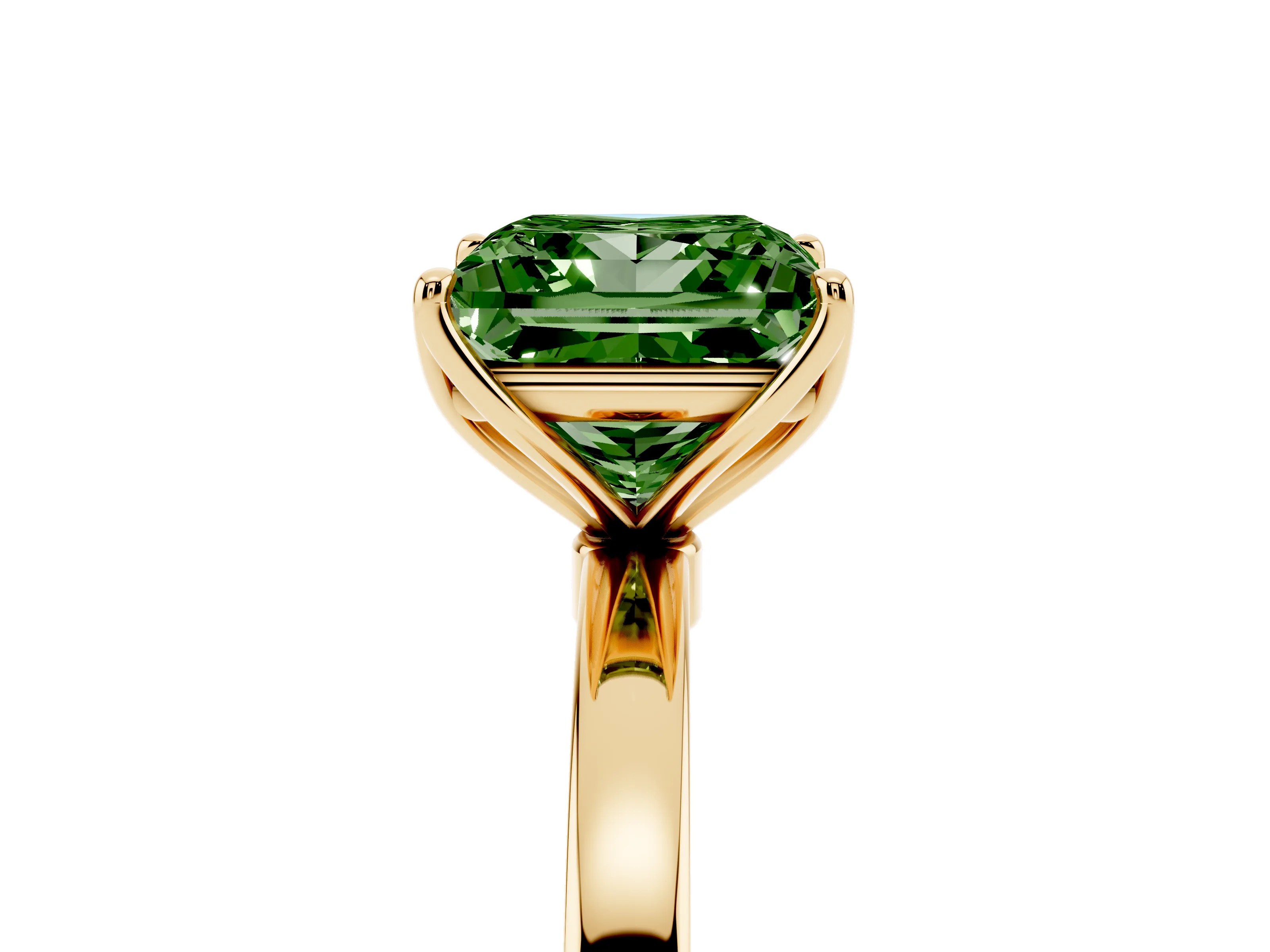 Fancy Green Princess Cut Diamond Solitaire Ring Set in Yellow gold with Prong Setting and Thin Polished Band