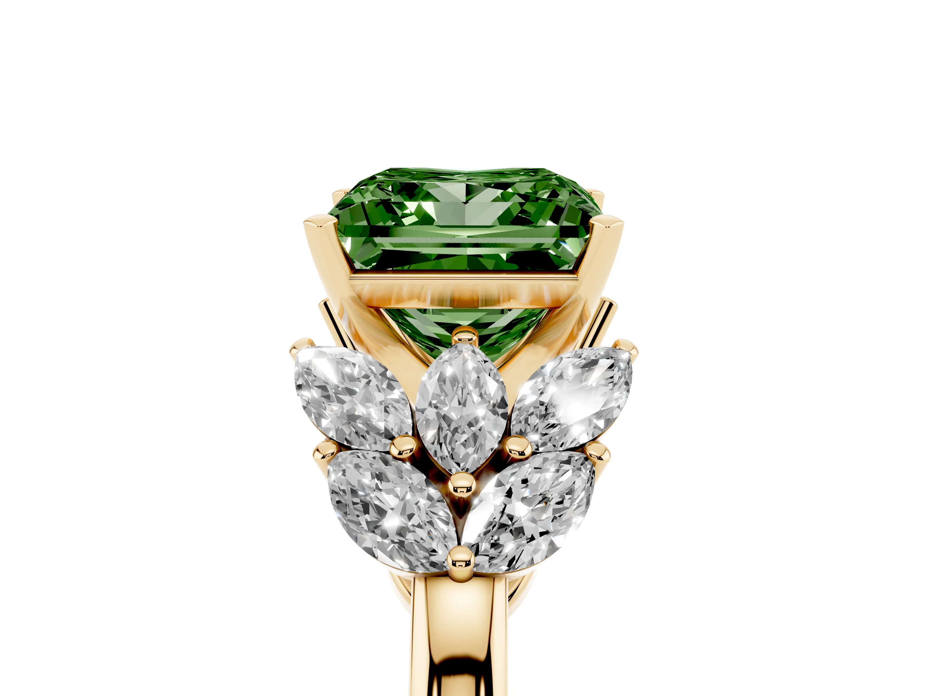 Fancy Green Princess Cut Diamond Cluster Leaf Design Ring Set in Yellow gold with Prong Setting