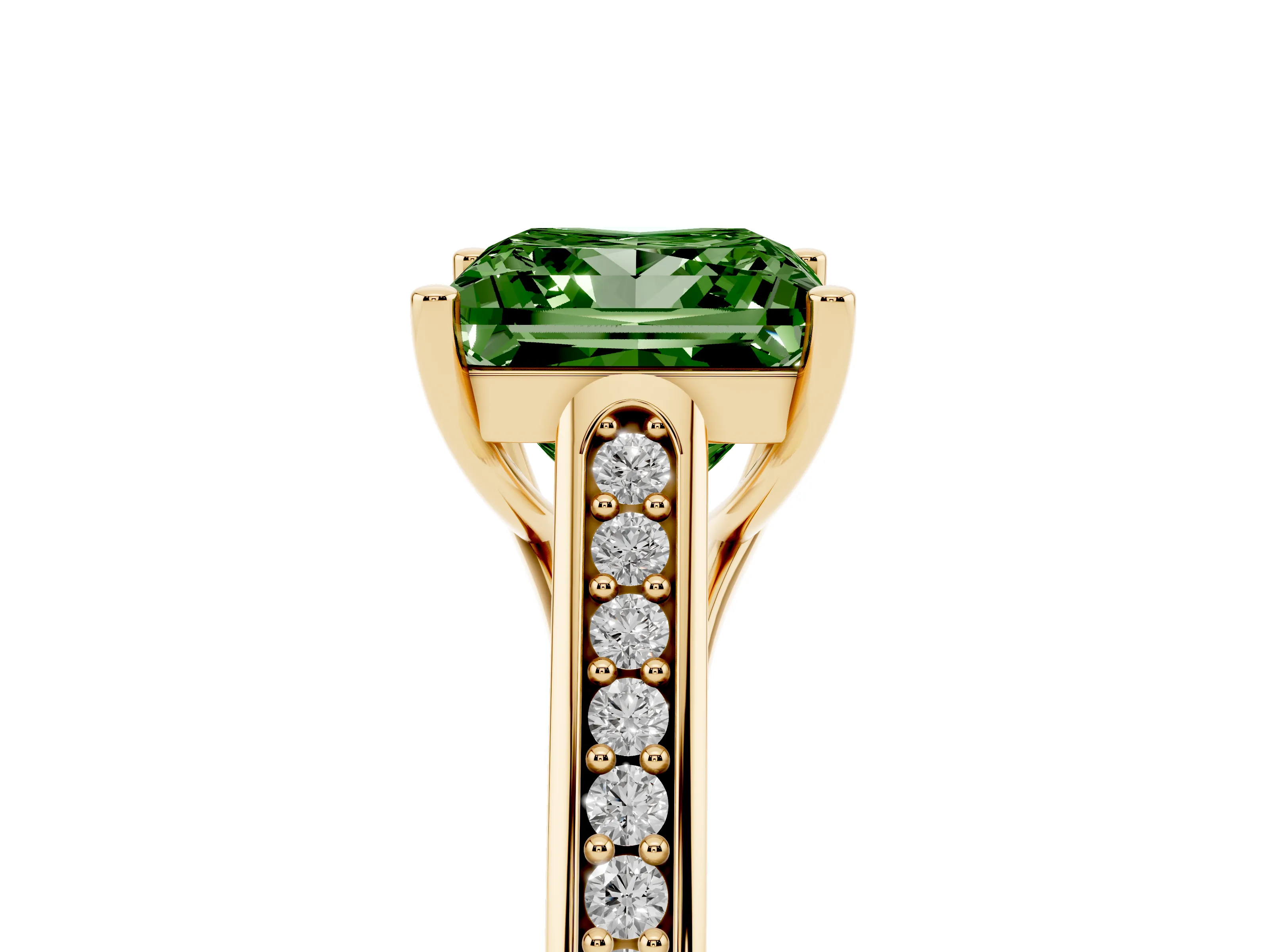 Fancy Green Princess Cut Diamond Solitaire Cathedral Engagement Ring Set in Yellow gold with Channel-Set Band and Prong Setting