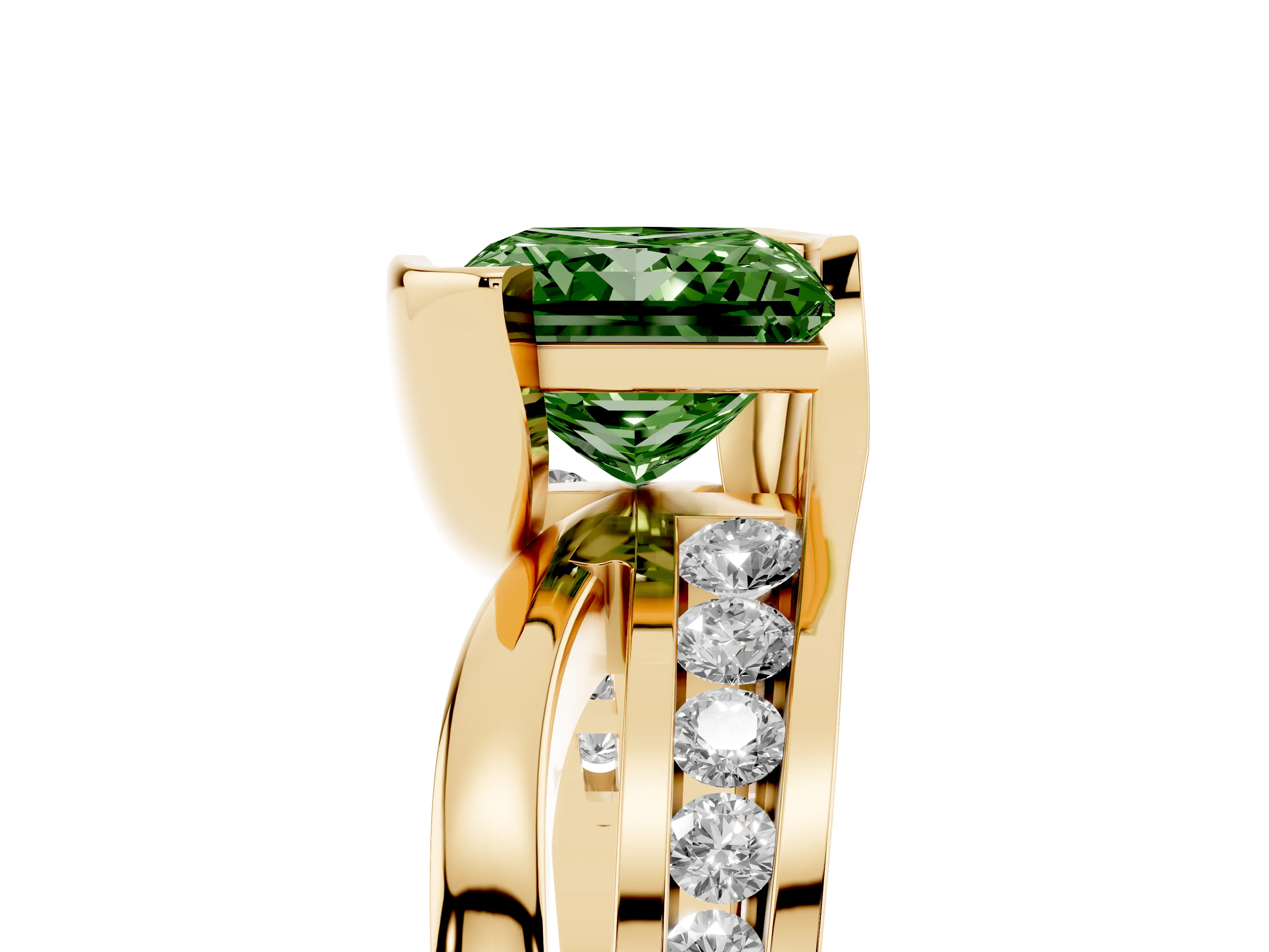 Fancy Green Princess Cut Diamond Solitaire Ring Set in Yellow gold with Channel Set Split Shank and Tension Prongs