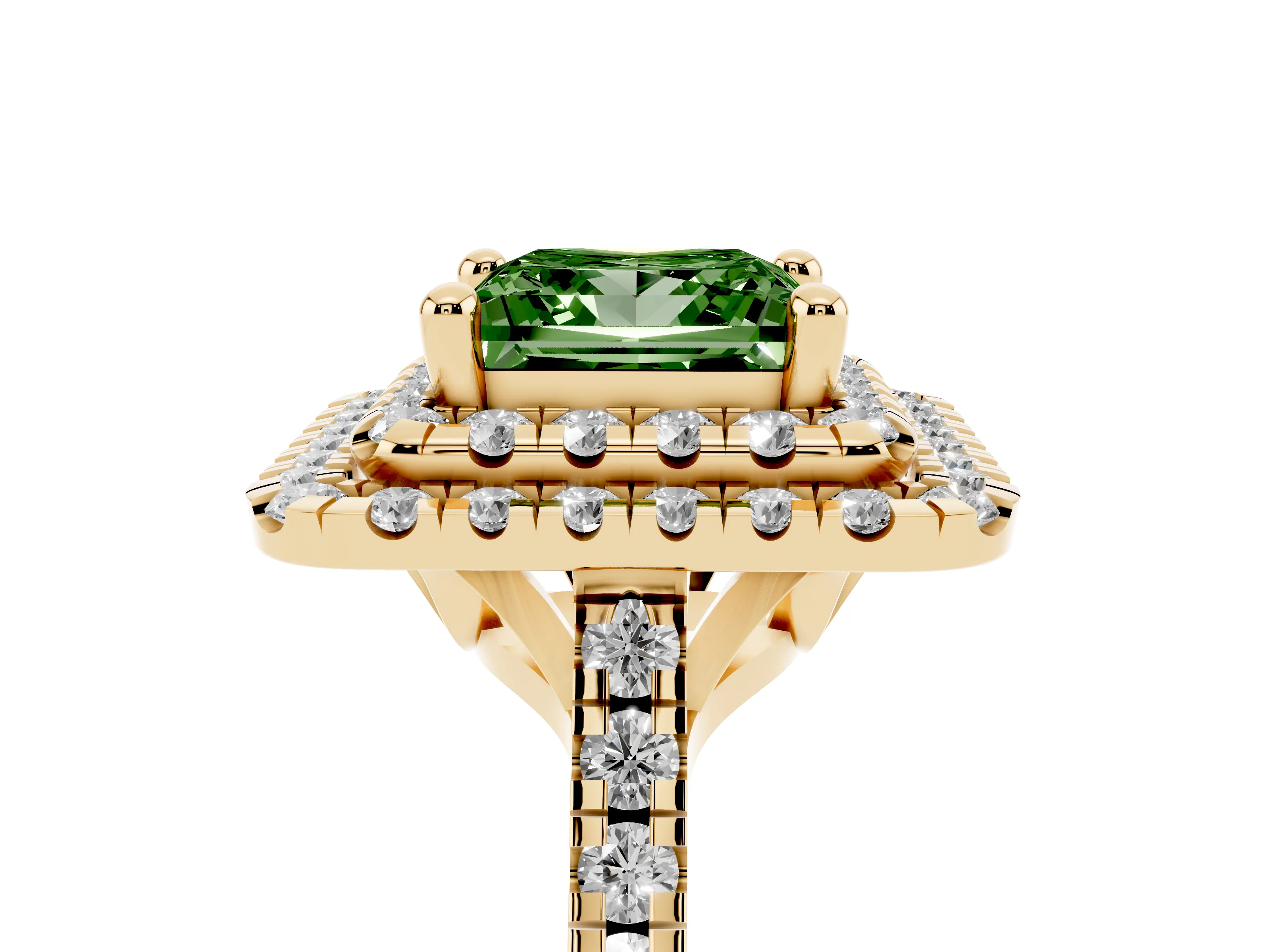 Fancy Green Princess Cut Diamond Double Halo Statement Ring Set in Yellow gold with Pavé Band