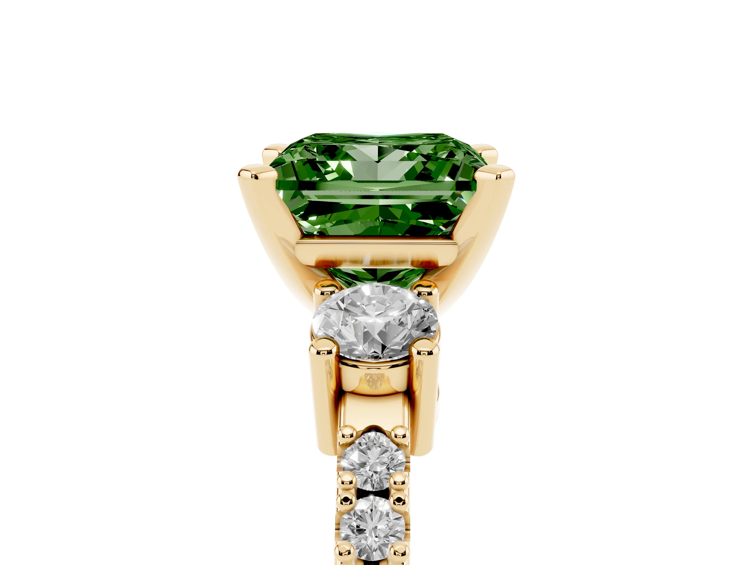 Fancy Green Three-Stone Princess Cut Diamond Pavé Band Ring Set in Yellow gold with Prong Setting