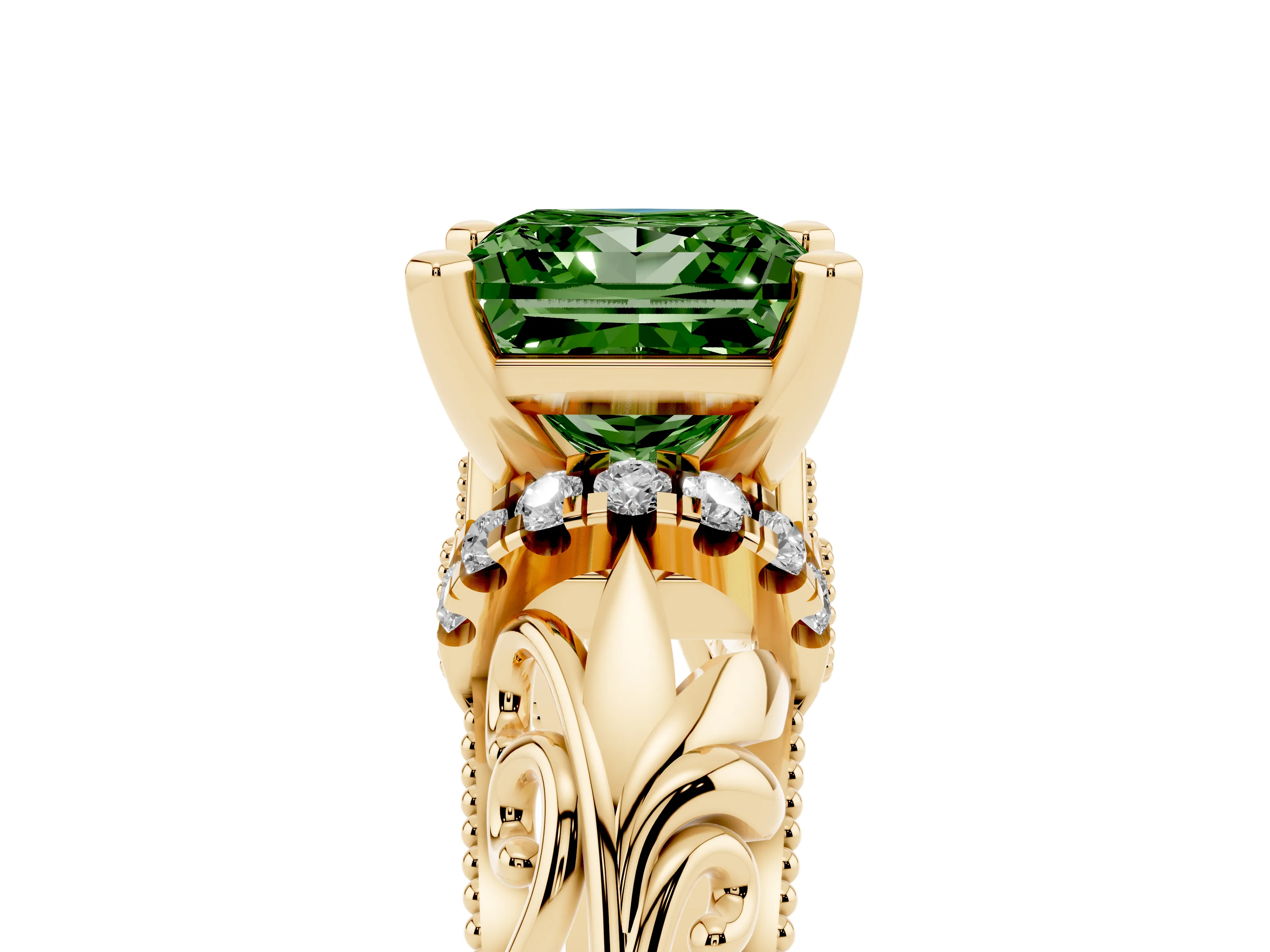 Fancy Green Princess Cut Diamond Filigree Halo Engagement Ring Set in Yellow gold with Prong Setting