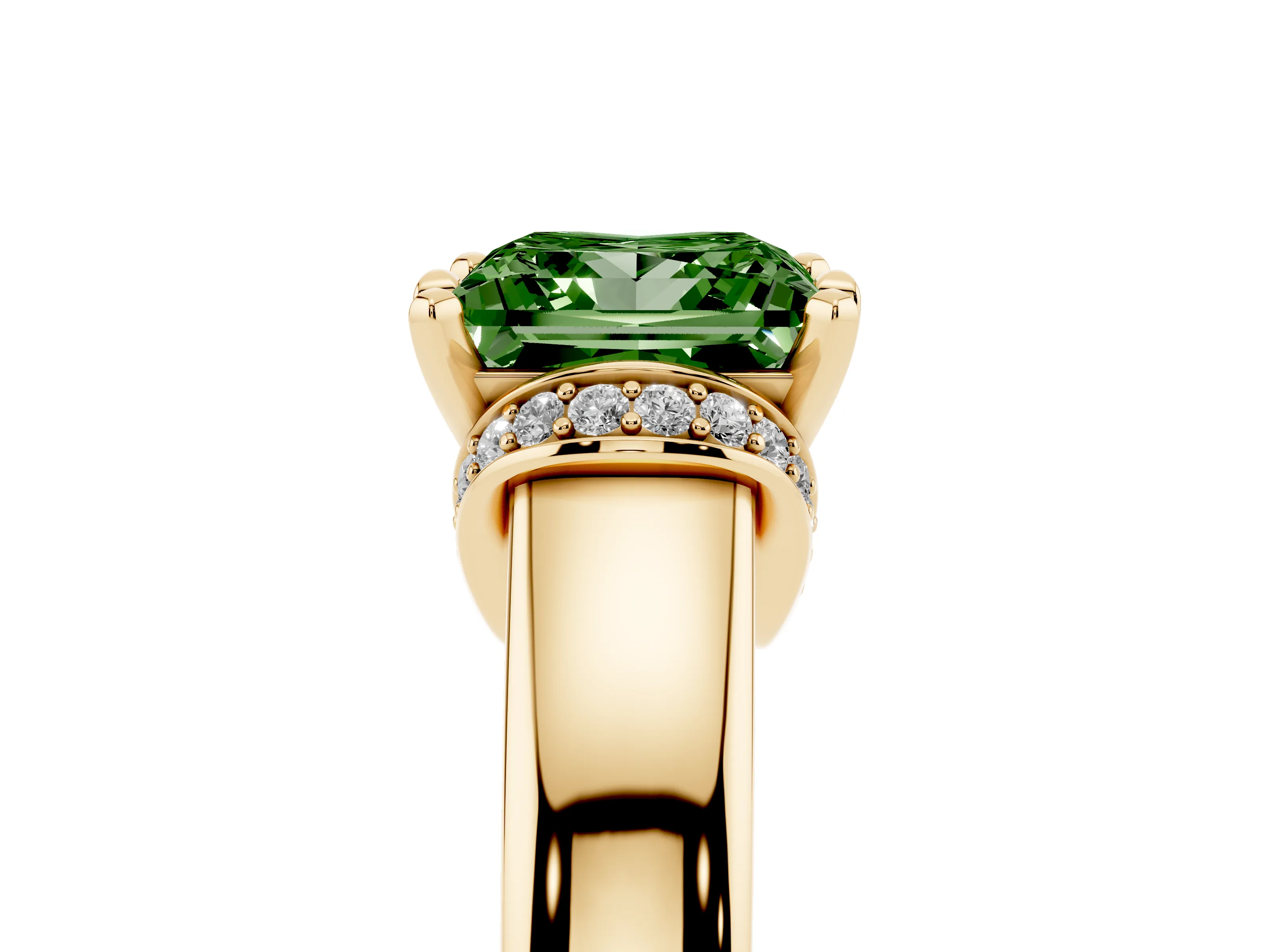 Fancy Green Princess Cut Diamond Pavé Band Solitaire Ring Set in Yellow gold with Prong Setting