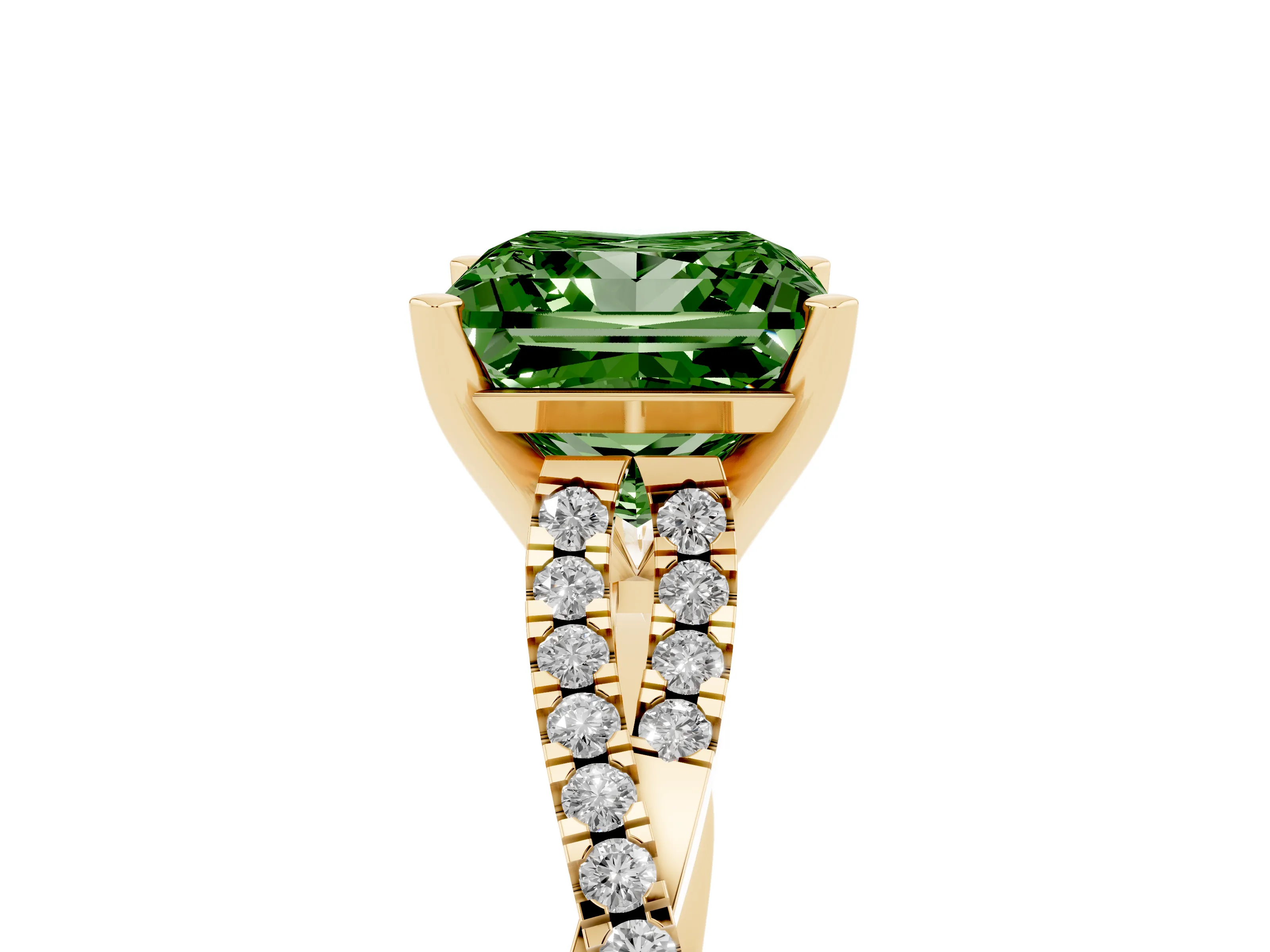 Fancy Green Princess Cut Diamond Solitaire Engagement Ring Set in Yellow gold with Twisted Pavé Band and Prong Setting