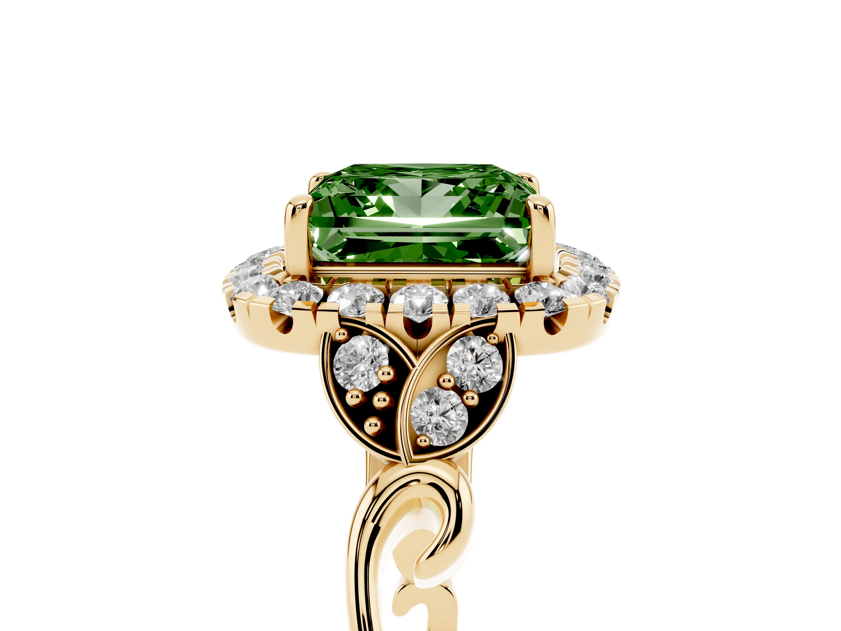 Fancy Green Princess Cut Diamond Halo Engagement Ring Set in Yellow gold with Vintage-Inspired Band and Prong Setting