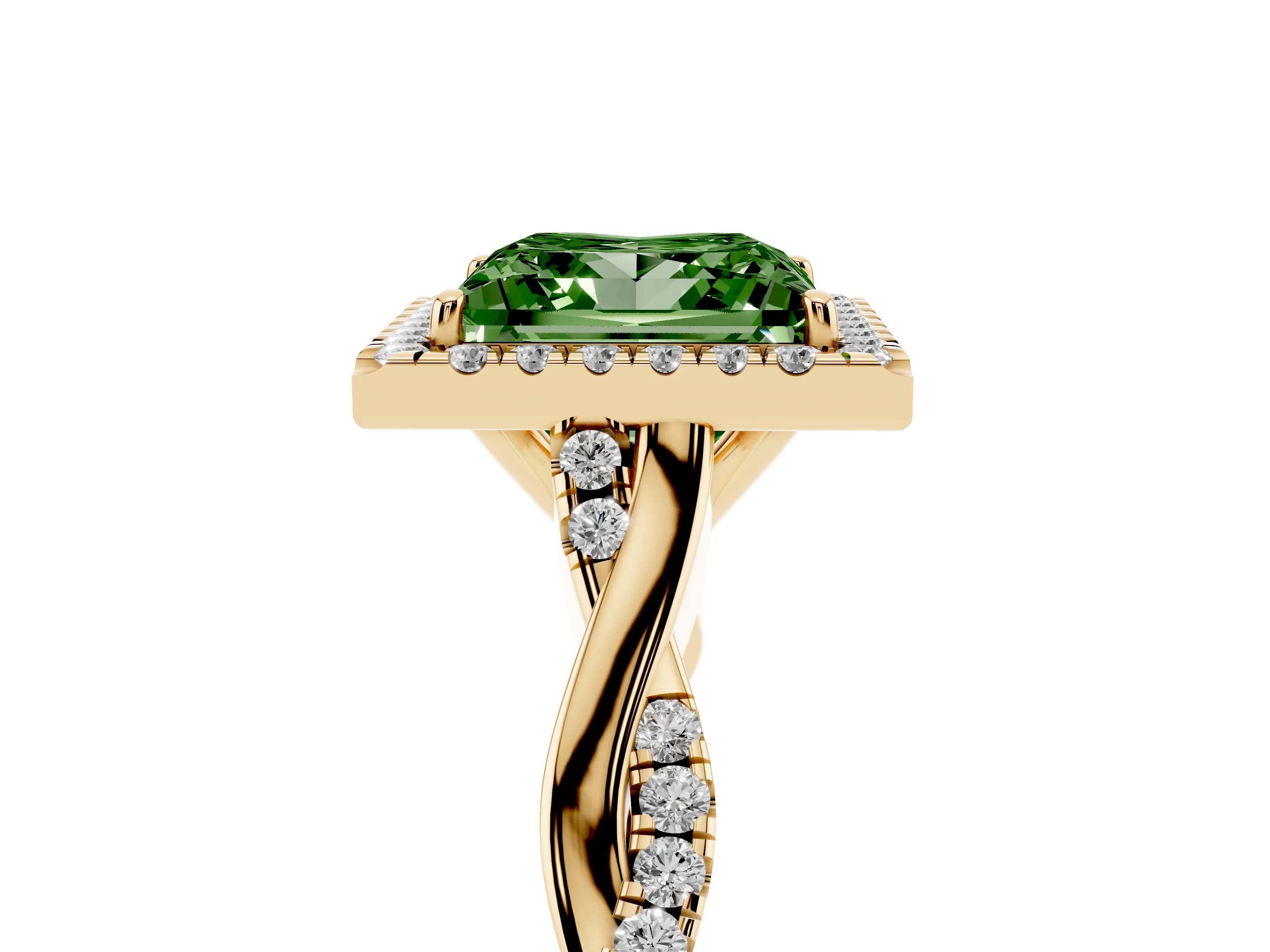 Fancy Green Princess Cut Diamond Halo Twist Band Solitaire Ring Set in Yellow gold with Prong Setting