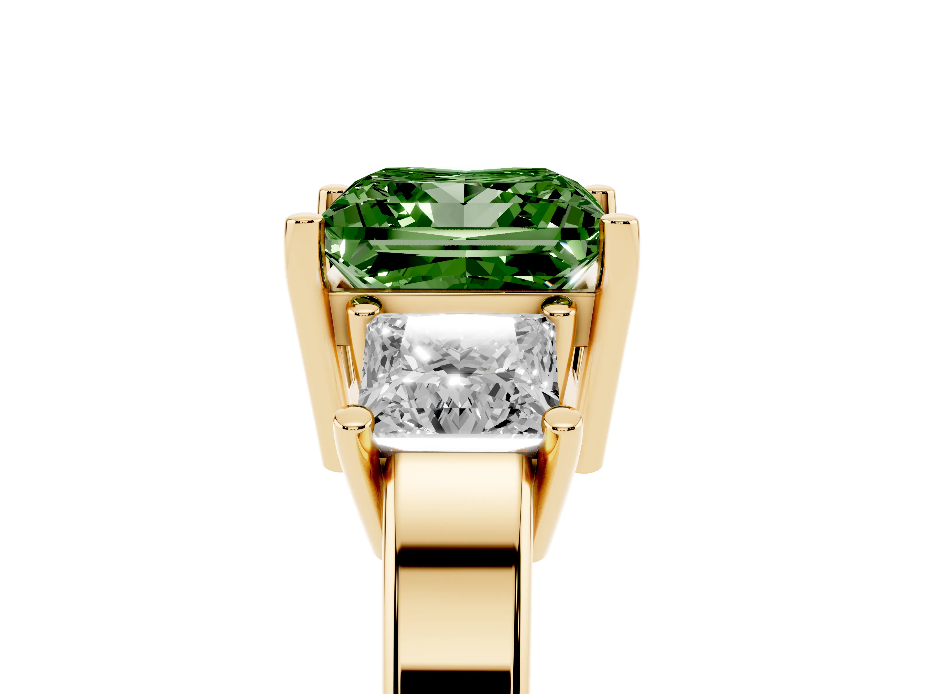 Fancy Green Three-Stone Princess Cut Diamond Solitaire Ring Set in Yellow gold with Prong Setting