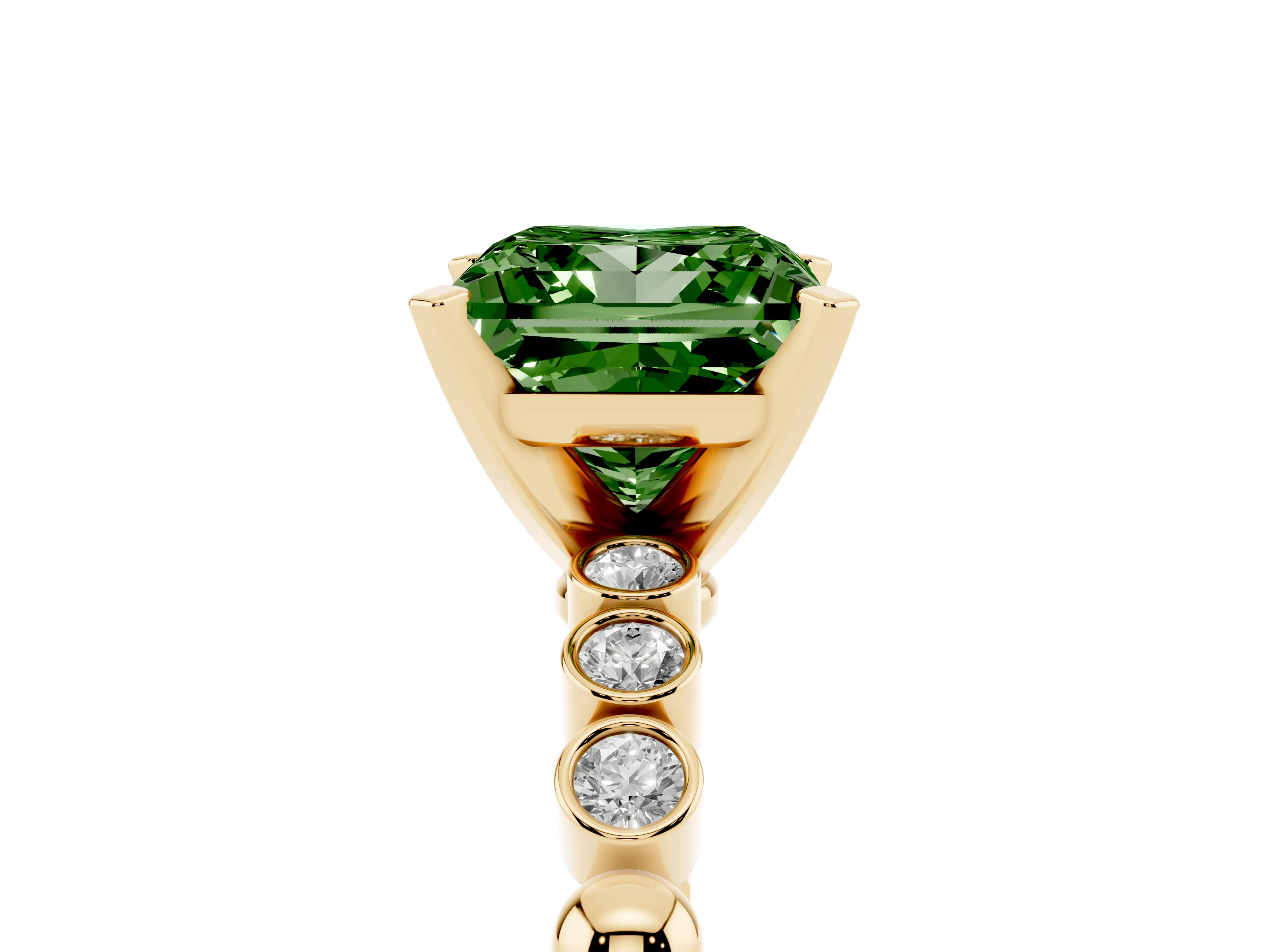 Fancy Green Princess Cut Diamond Solitaire Engagement Ring Set in Yellow gold with Bezel Accents on Beaded Band