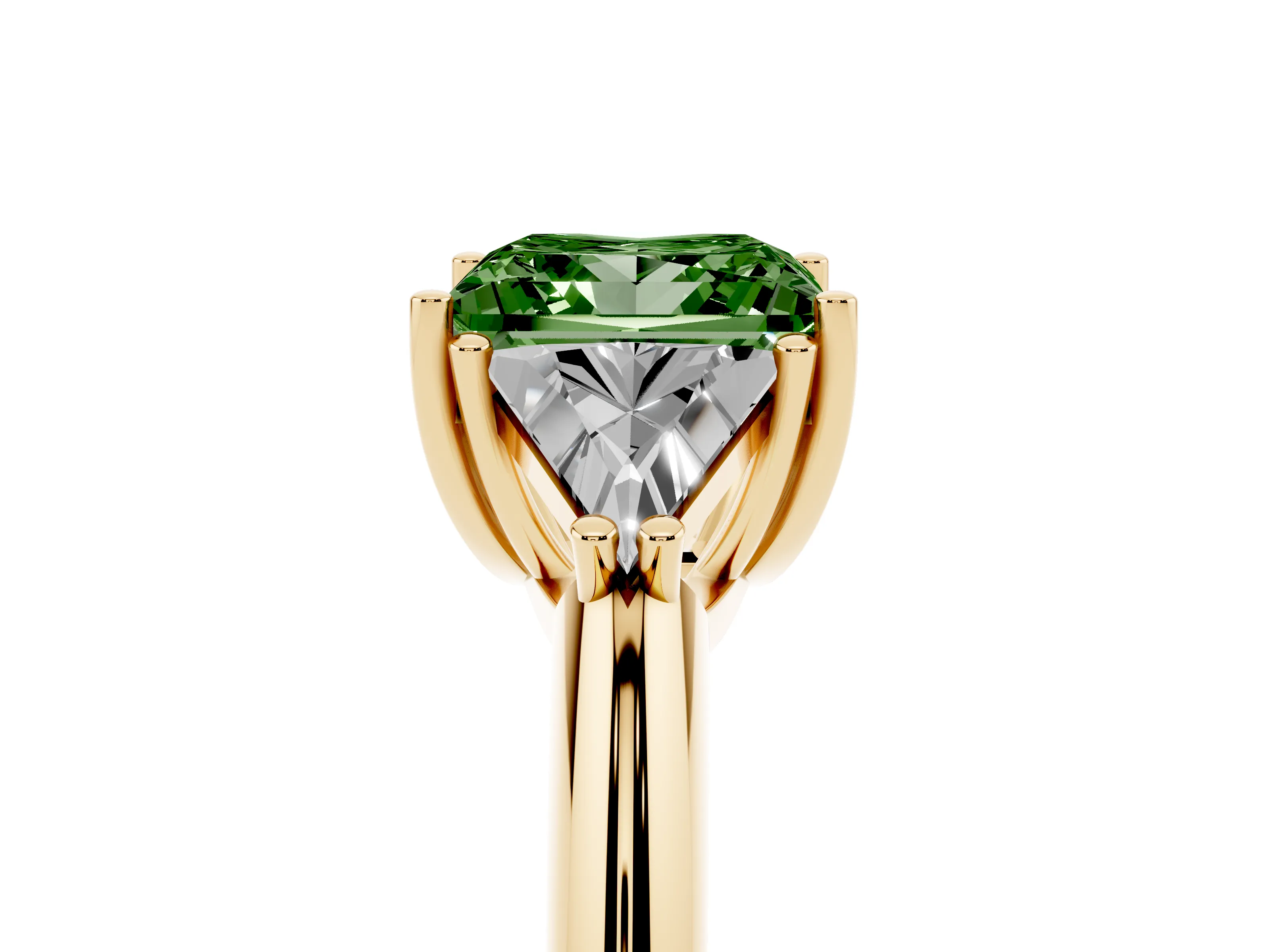 Fancy Green Princess Cut Diamond Three-Stone Engagement Ring Set in Yellow gold with Trillion Side Stones