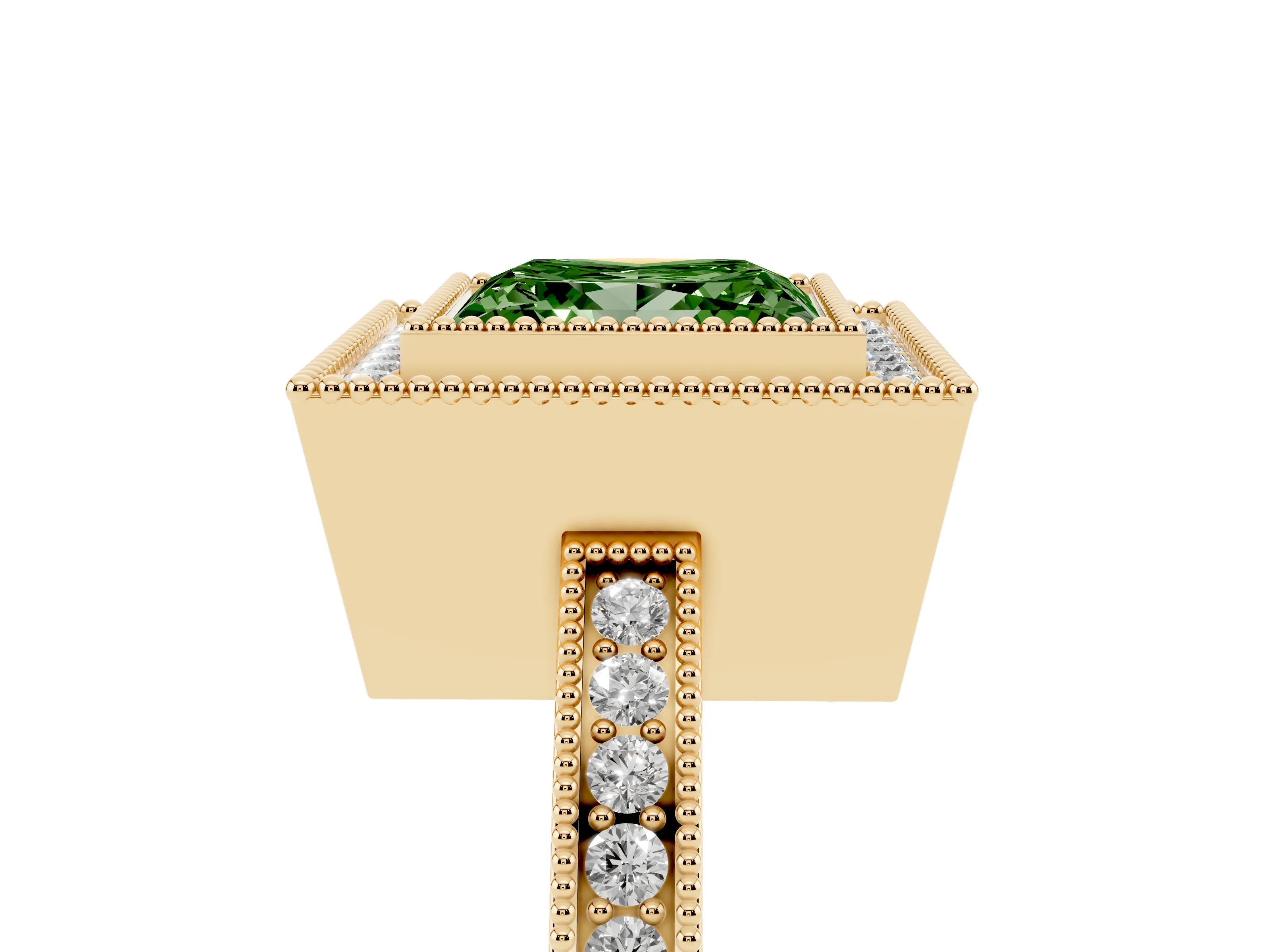 Fancy Green Princess Cut Diamond Halo Ring Set in Yellow gold with Pavé Band and Milgrain-Edged Prongs
