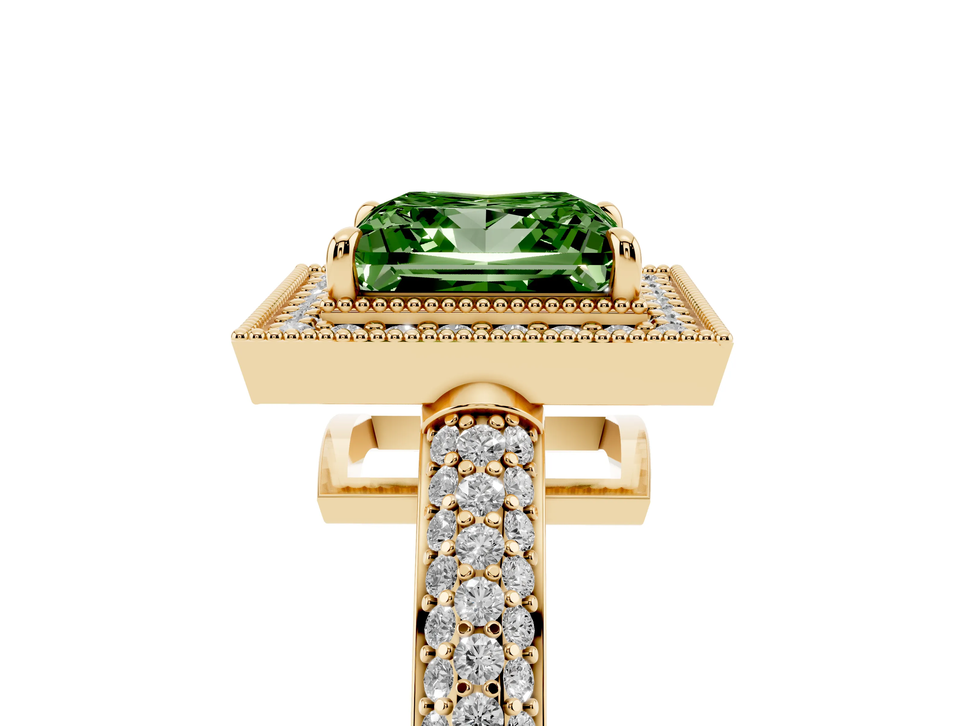 Fancy Green Princess Cut Diamond Halo Pavé Band Set in Yellow gold with Prong Setting