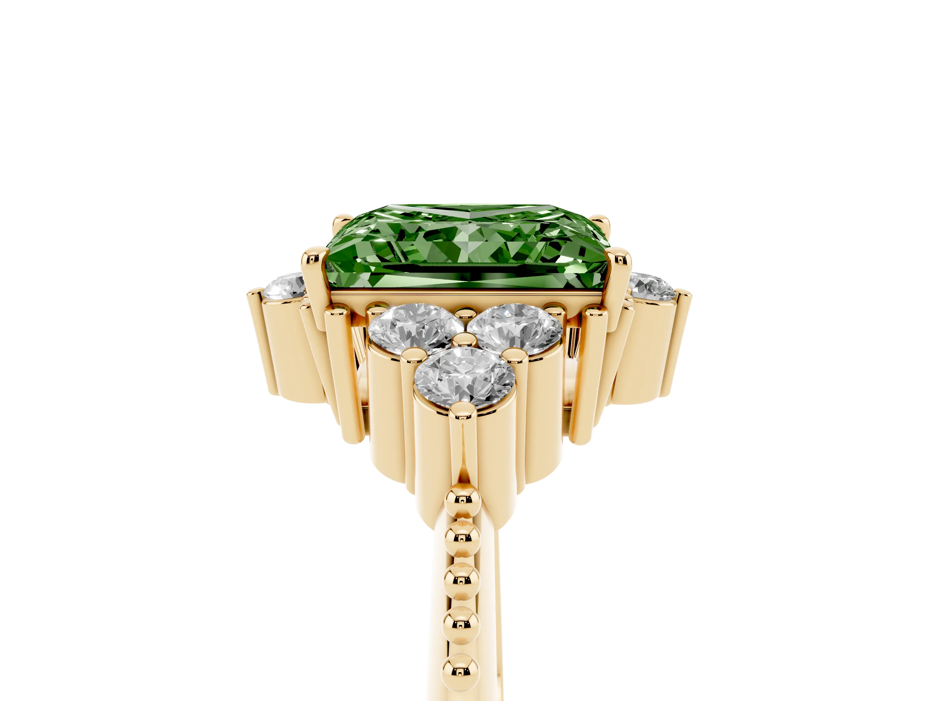 Fancy Green Princess Cut Diamond Cluster Ring Set in Yellow gold with Beaded Band