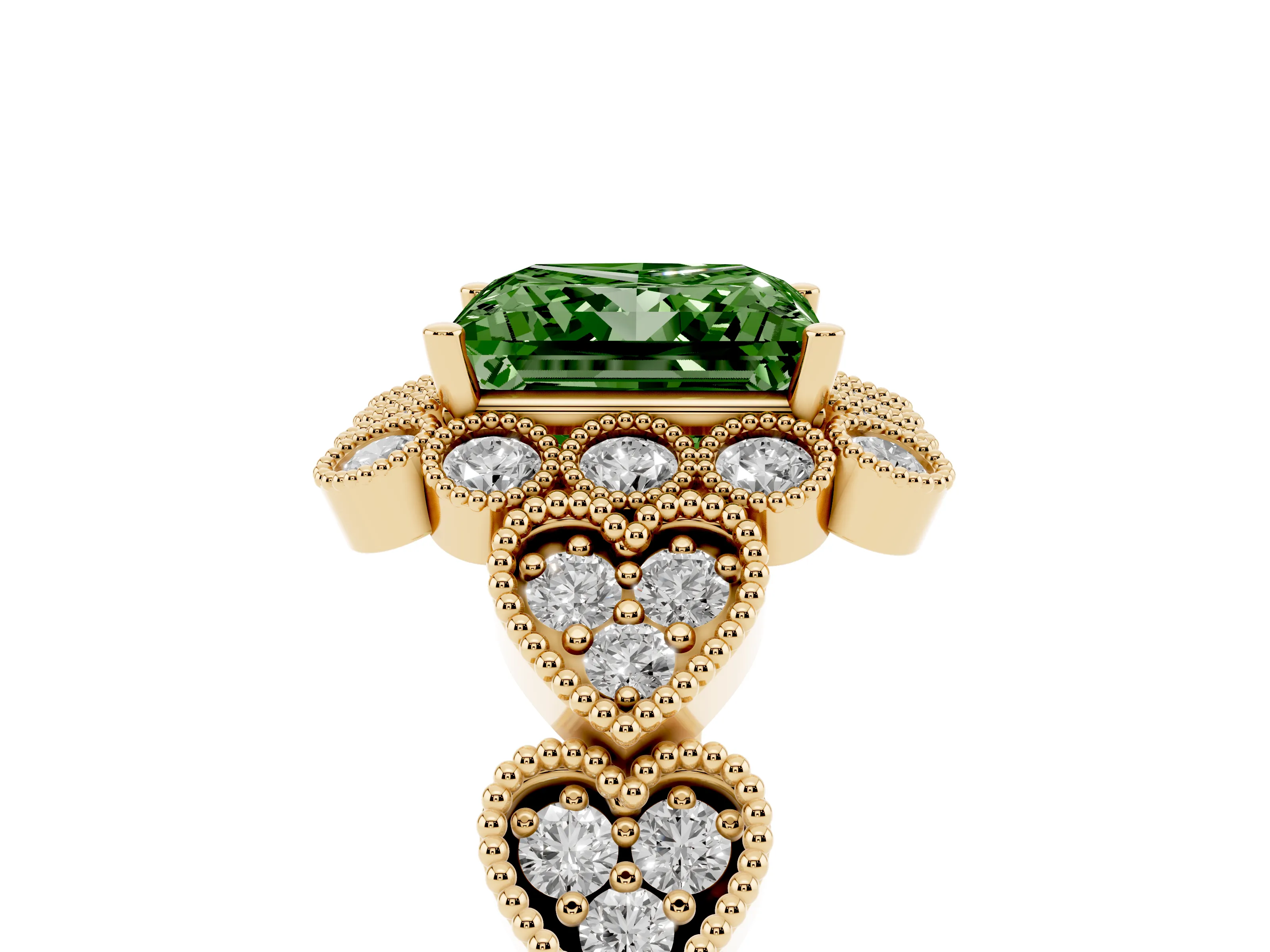 Fancy Green Princess Cut Diamond Solitaire Ring Set in Yellow gold with Milgrain Pavé Heart Band