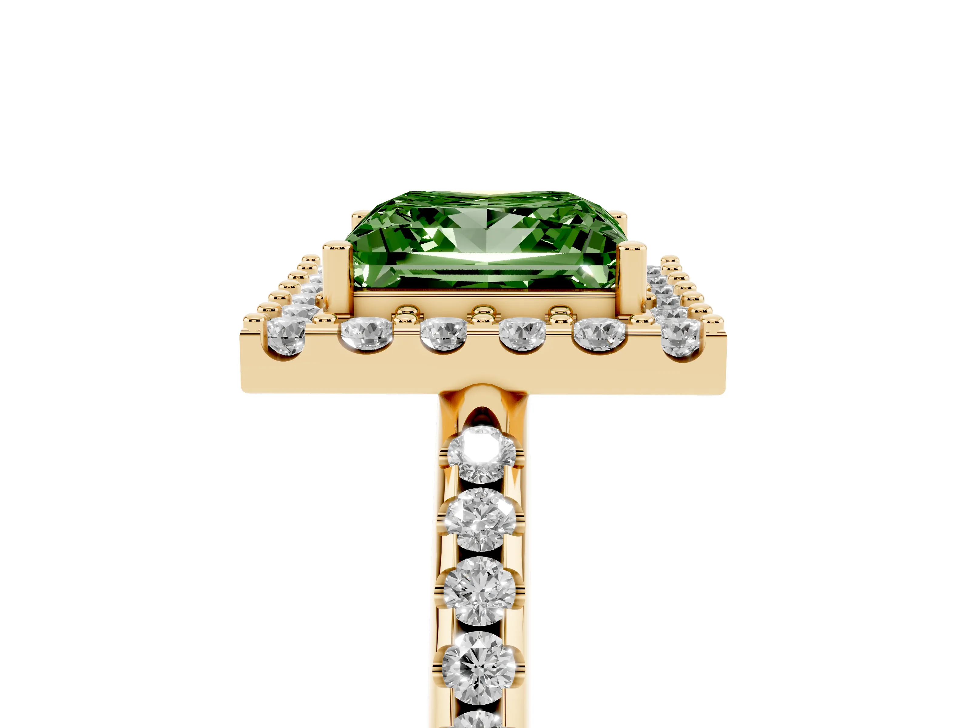 Fancy Green Princess Cut Diamond Pavé Halo Ring Set in Yellow gold with Prong Setting