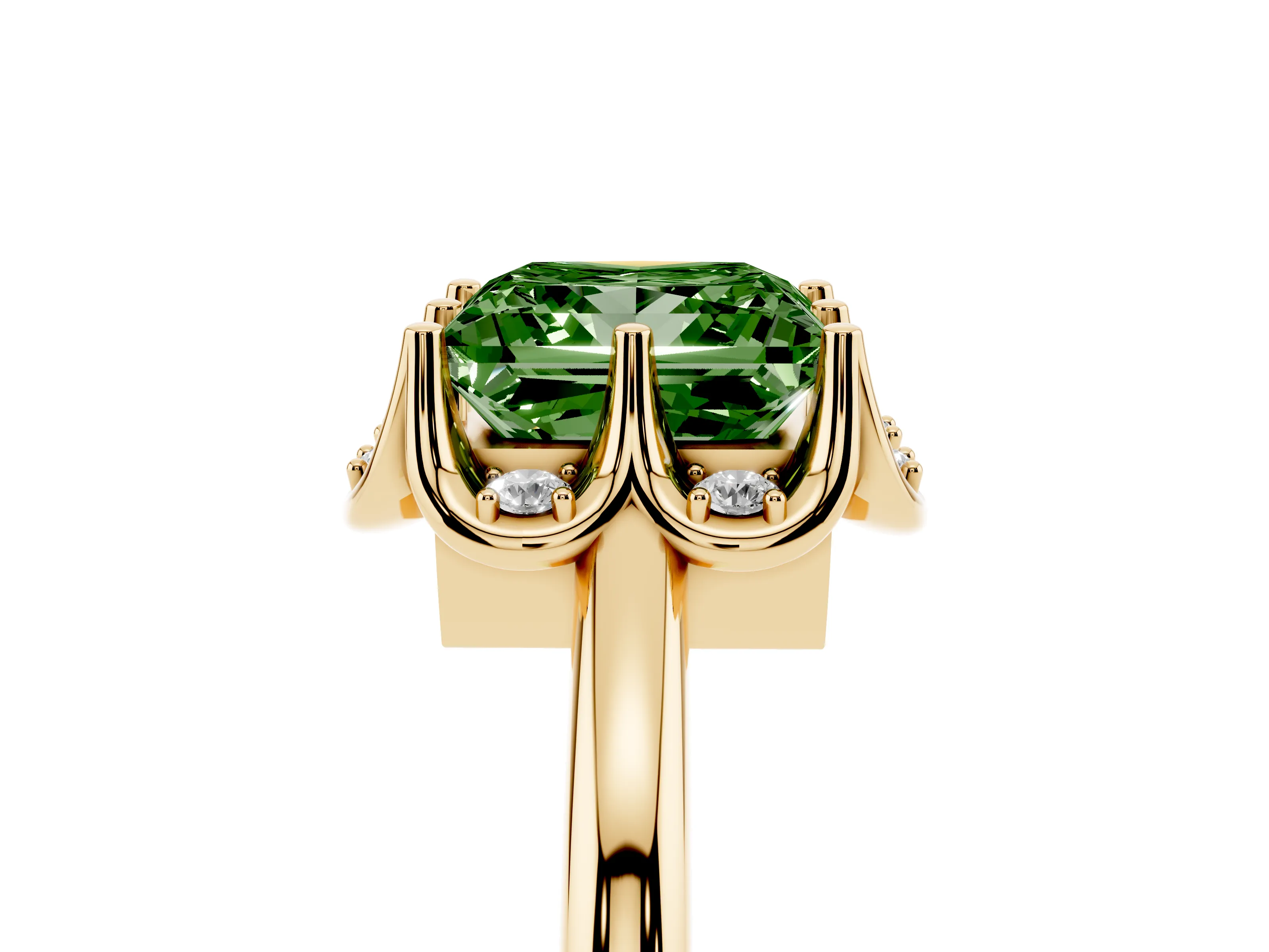 Fancy Green Princess Cut Diamond Round Cluster Halo Ring Set in Yellow gold with Solitaire Band and Prong Setting
