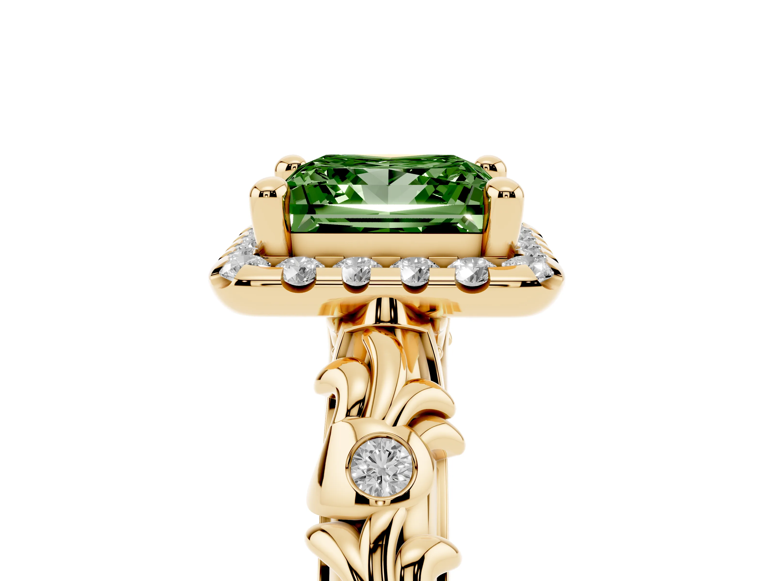 Fancy Green Princess Cut Diamond Halo Ring Set in Yellow gold with Filigree Leaf Band and Prong Setting