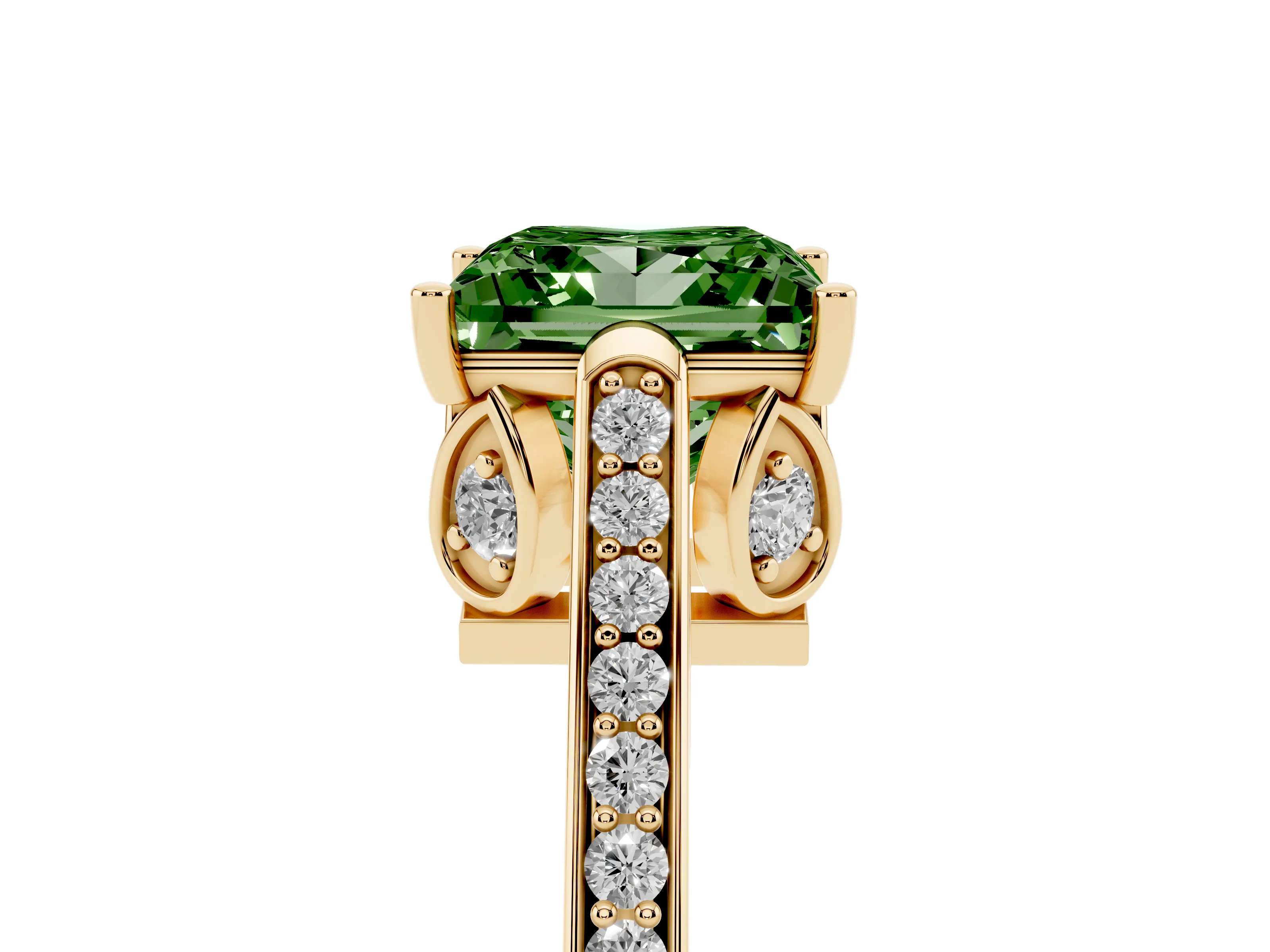Fancy Green Princess Cut Diamond Cathedral Pavé Engagement Ring Set in Yellow gold with Prong Setting