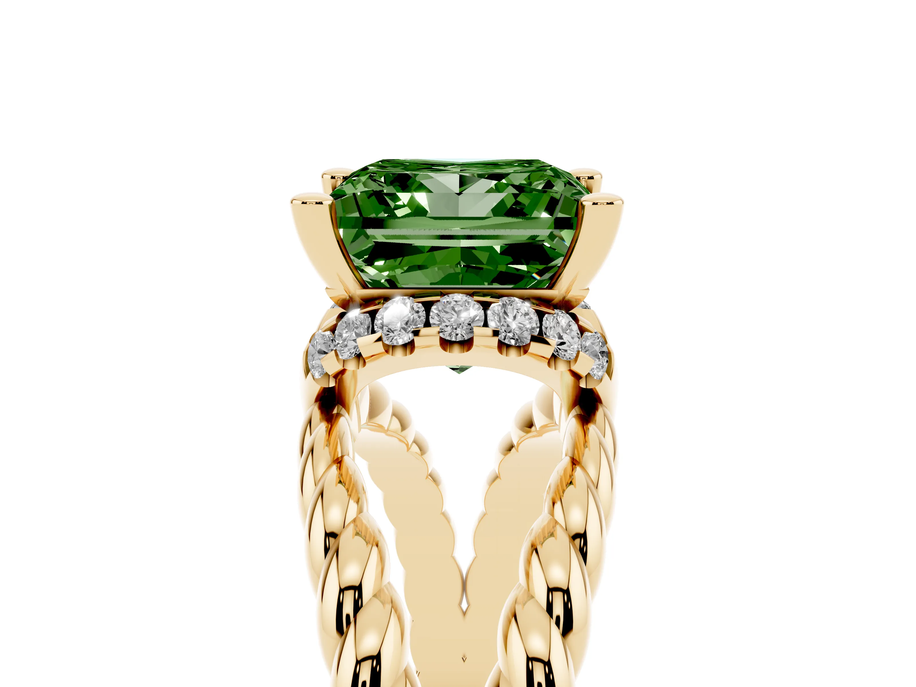 Fancy Green Princess Cut Diamond Halo Ring Set in Yellow gold with Twisted Band and Prong Setting