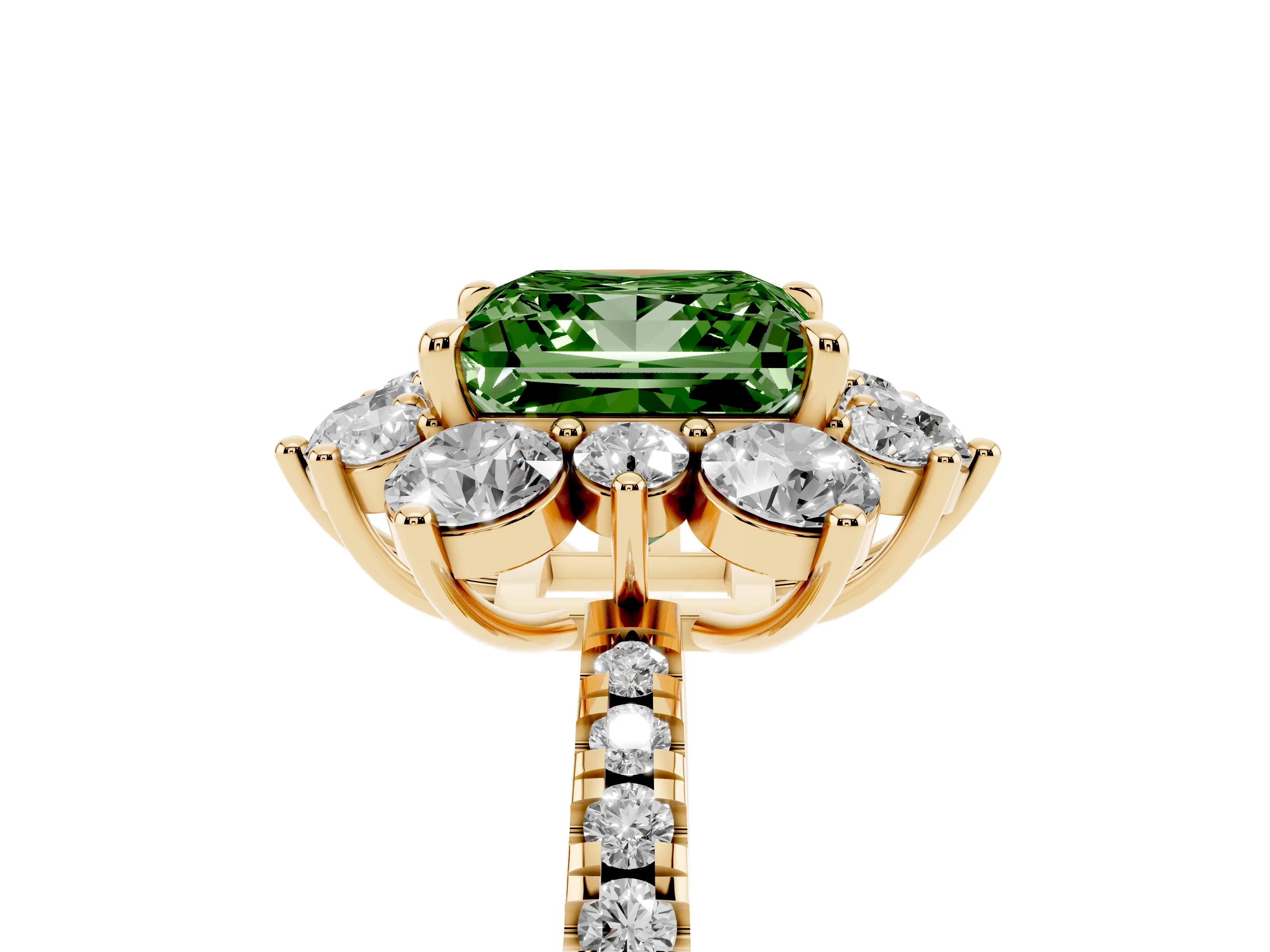 Fancy Green Princess Cut Diamond Floral Halo Ring Set in Yellow gold with Round Pavé Band and Prong Setting