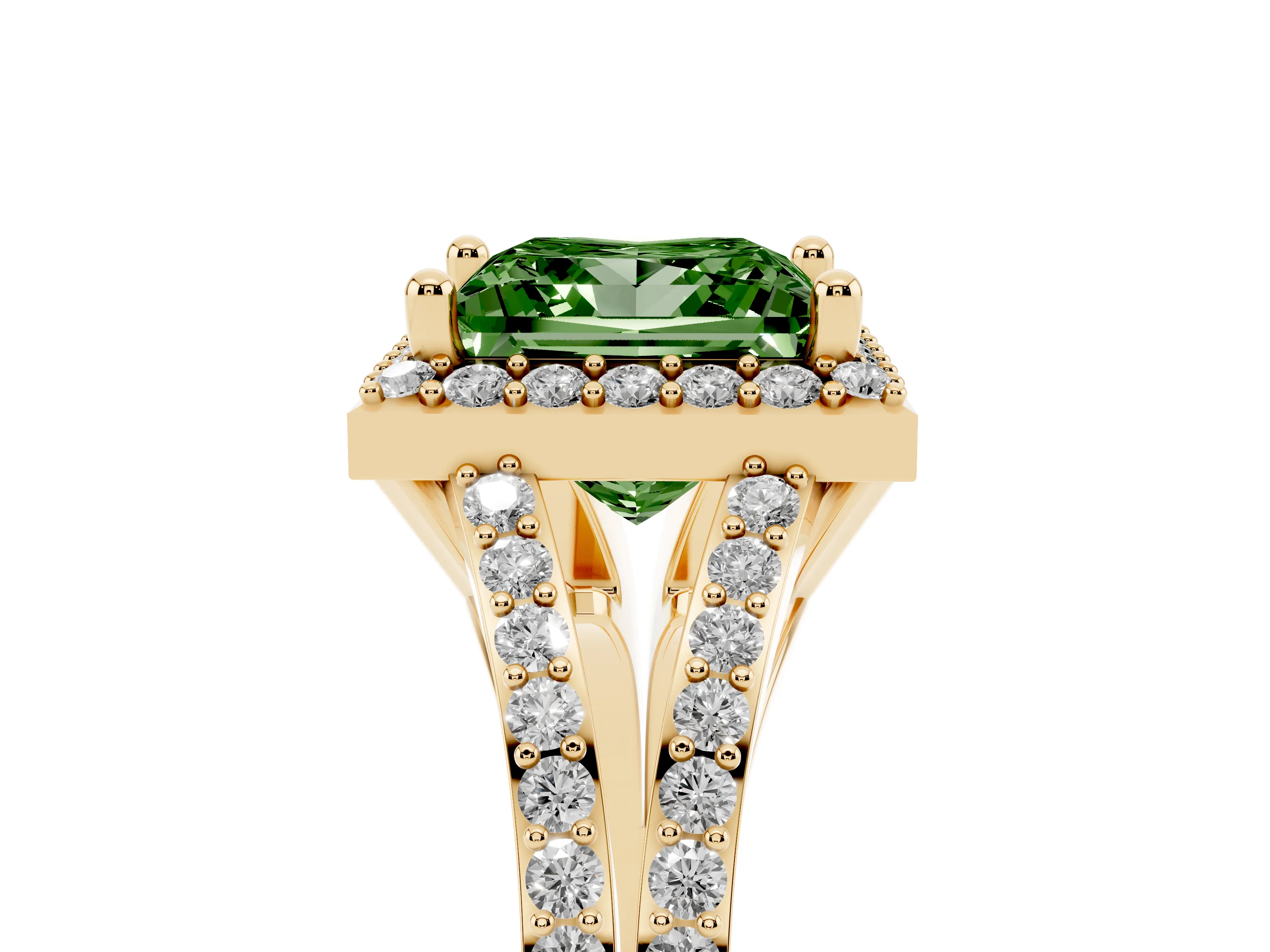Fancy Green Princess Cut Diamond Halo Split Shank Pavé Ring Set in Yellow gold with Prong Setting