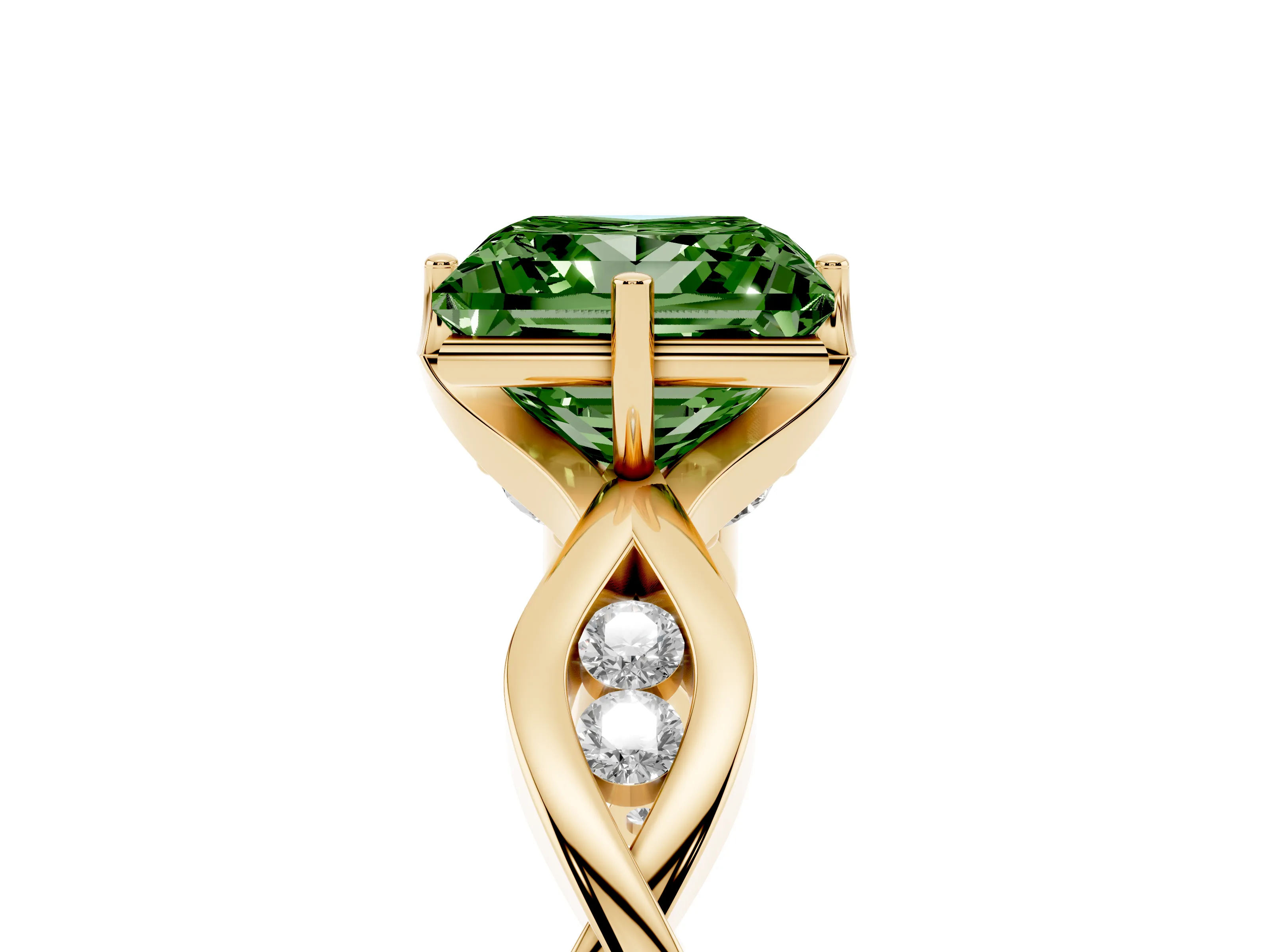 Fancy Green Princess Cut Diamond Twist Band Solitaire Ring Set in Yellow gold with Leaf Prong Setting and Accent Stones