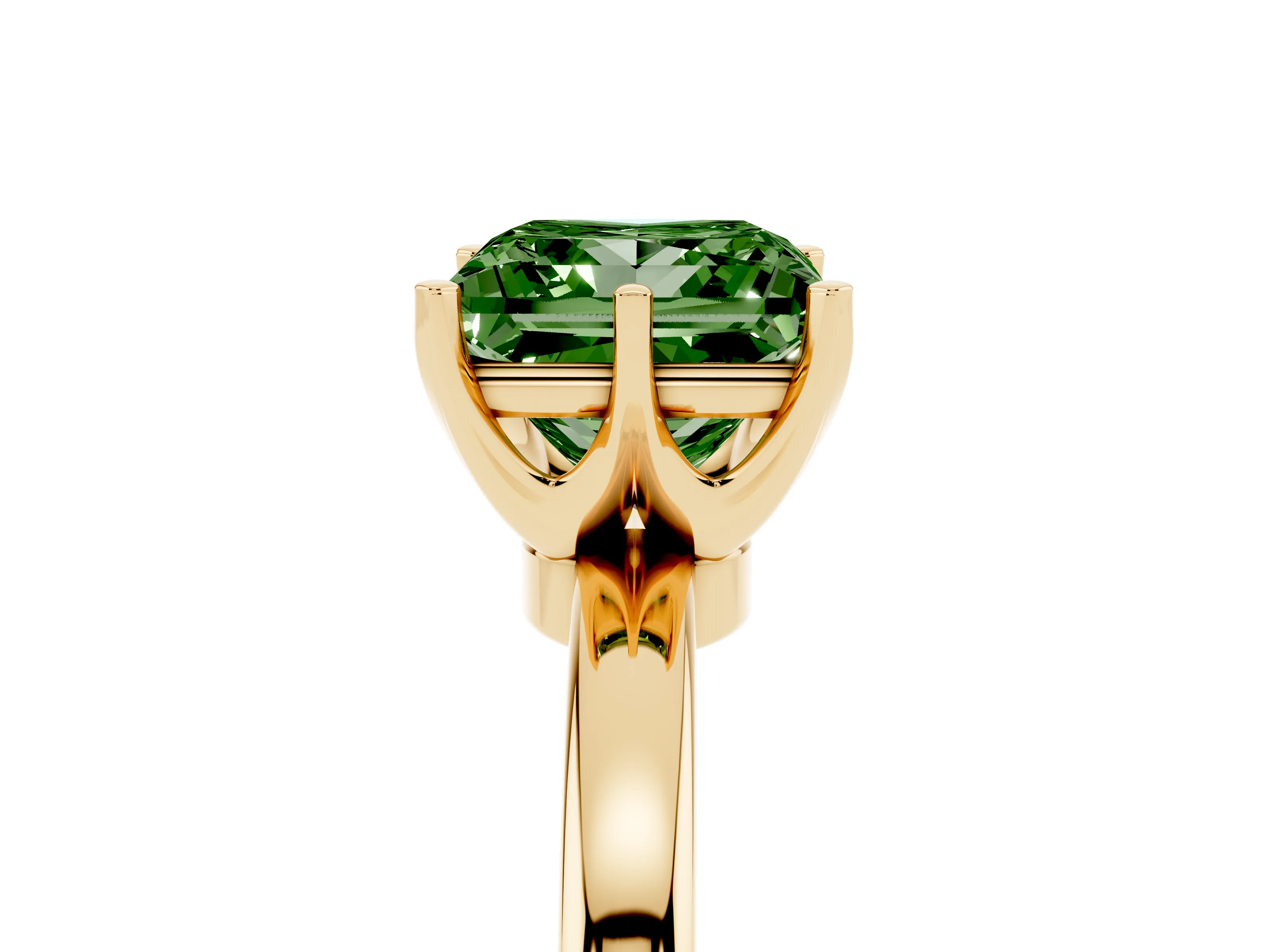 Fancy Green Princess Cut Diamond Solitaire Ring Set in Yellow gold with Raised Prong Setting on a Classic Band