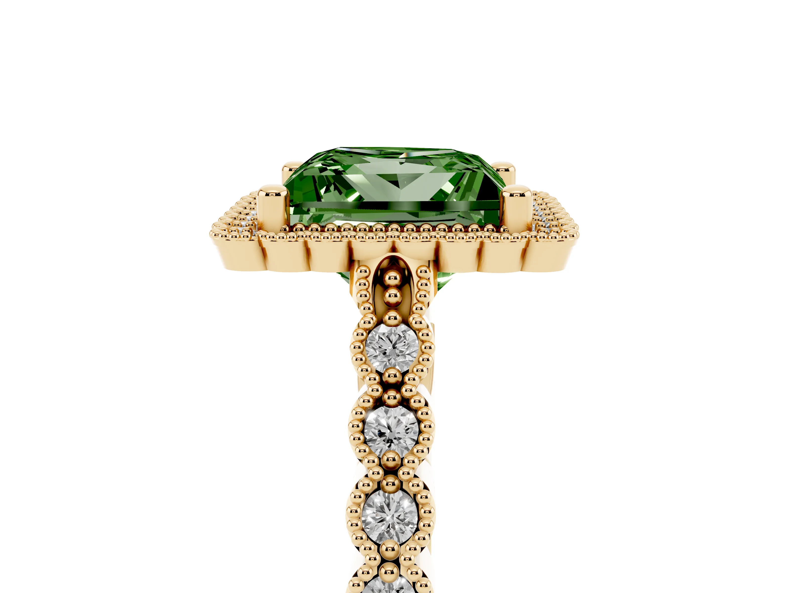 Fancy Green Princess Cut Diamond Halo Ring Set in Yellow gold with Pavé Milgrain Band