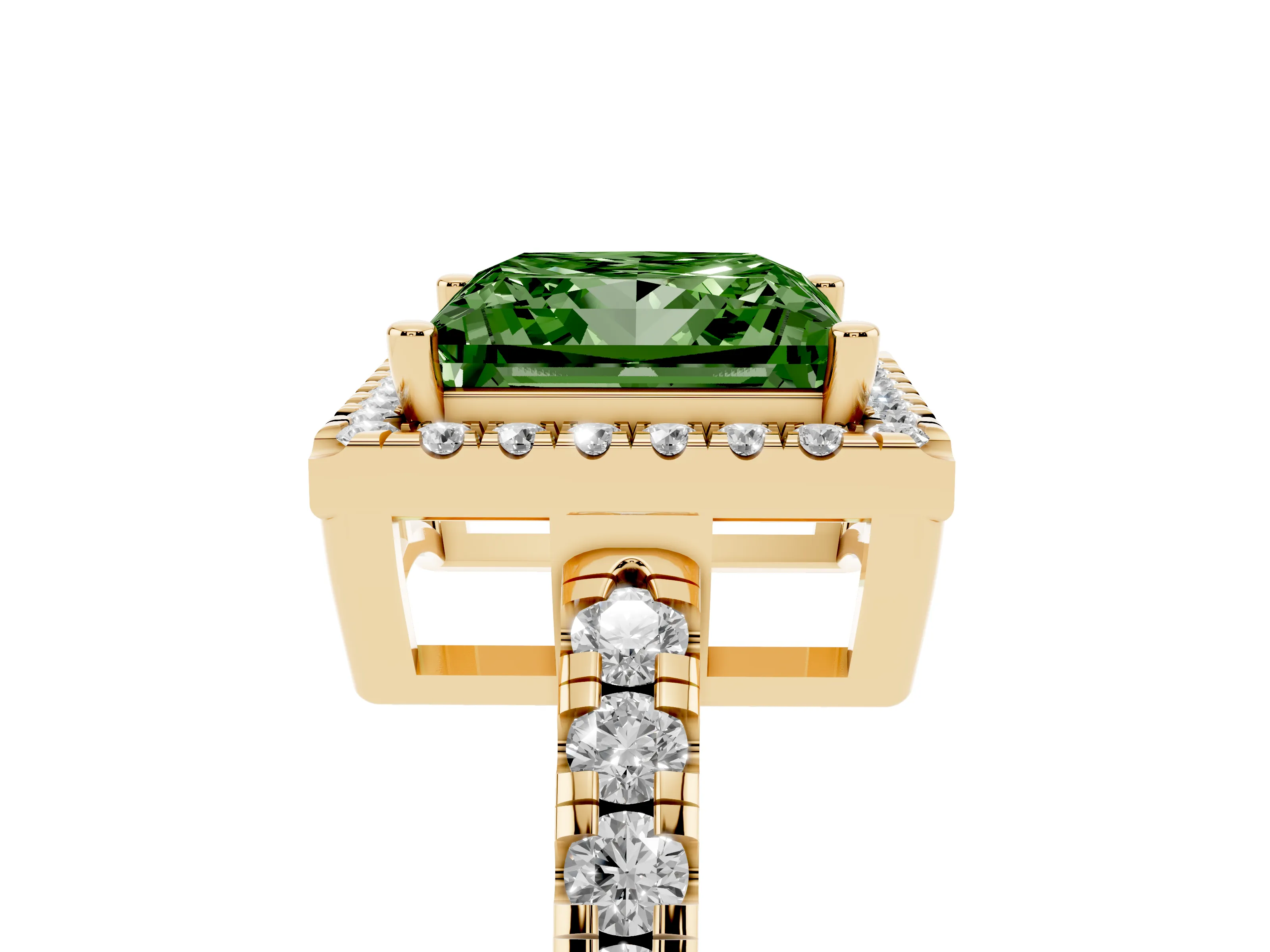 Fancy Green Princess Cut Diamond Halo Ring Set in Yellow gold with Delicate Pavé Band and Prong Setting