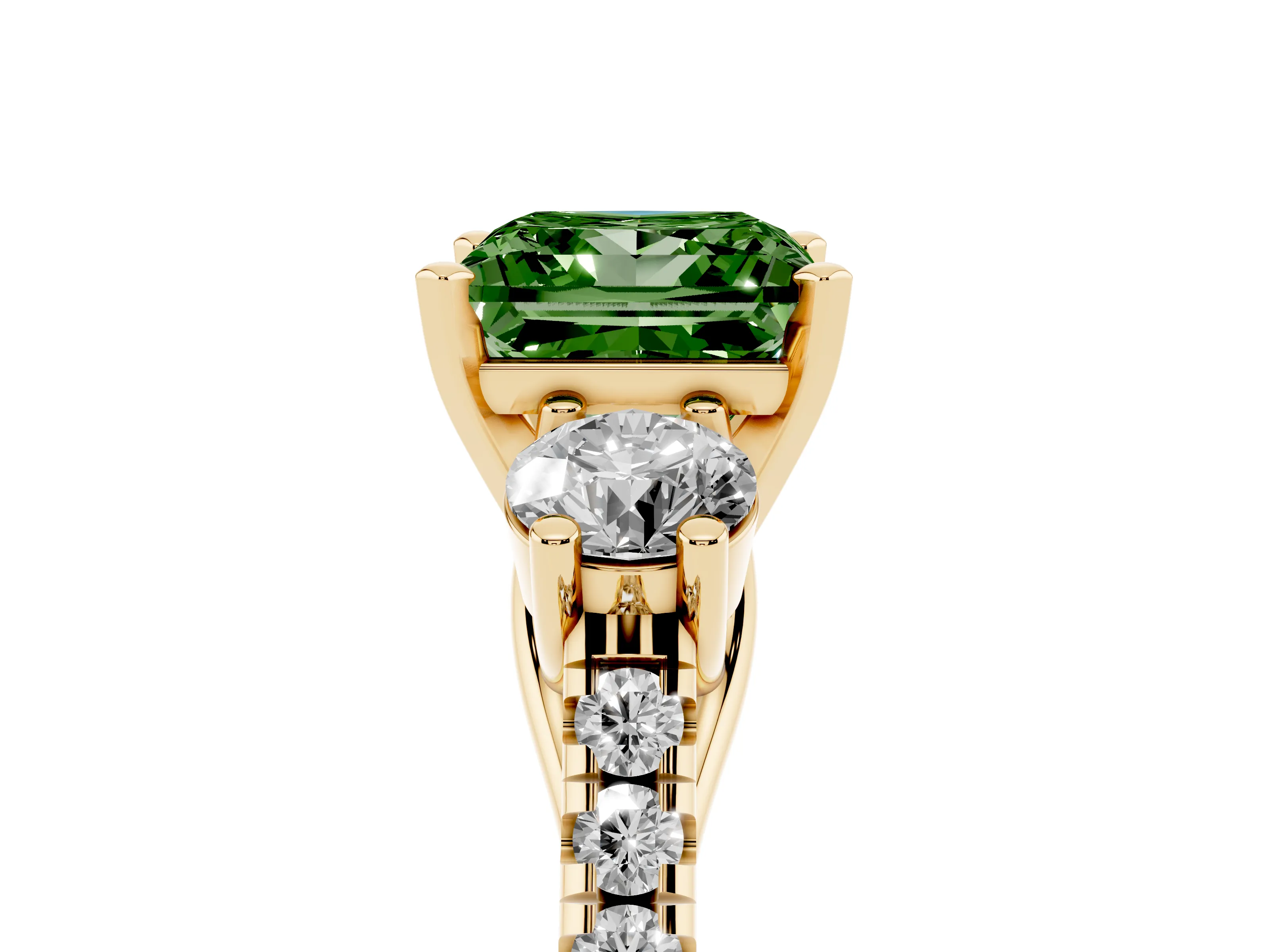 Fancy Green Three-Stone Princess Cut Diamond Pavé Band Ring Set in Yellow gold with Prong-Set Trio