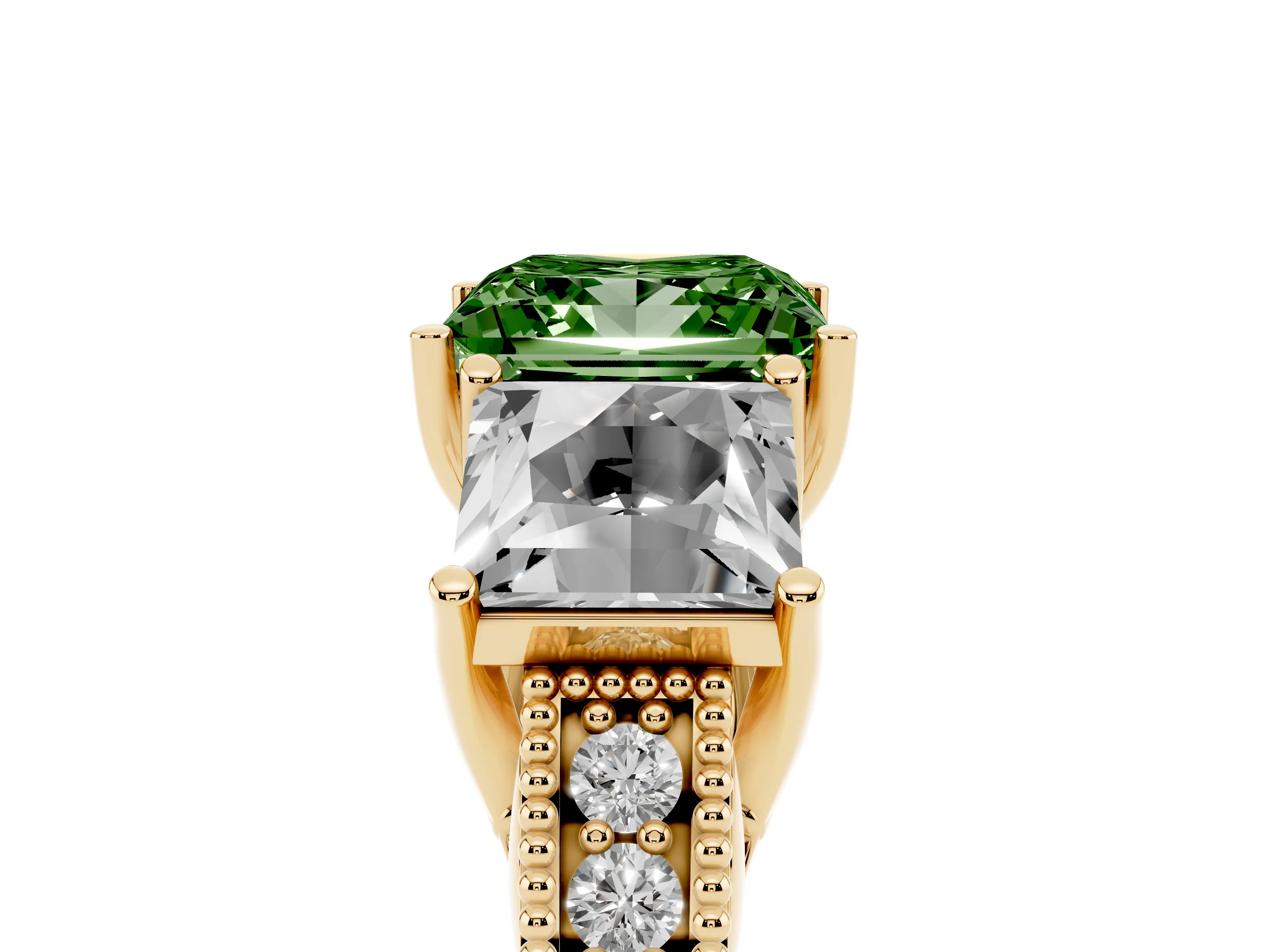 Fancy Green Princess Cut Diamond Three-Stone Engagement Ring Set in Yellow gold with Milgrain Pavé Band