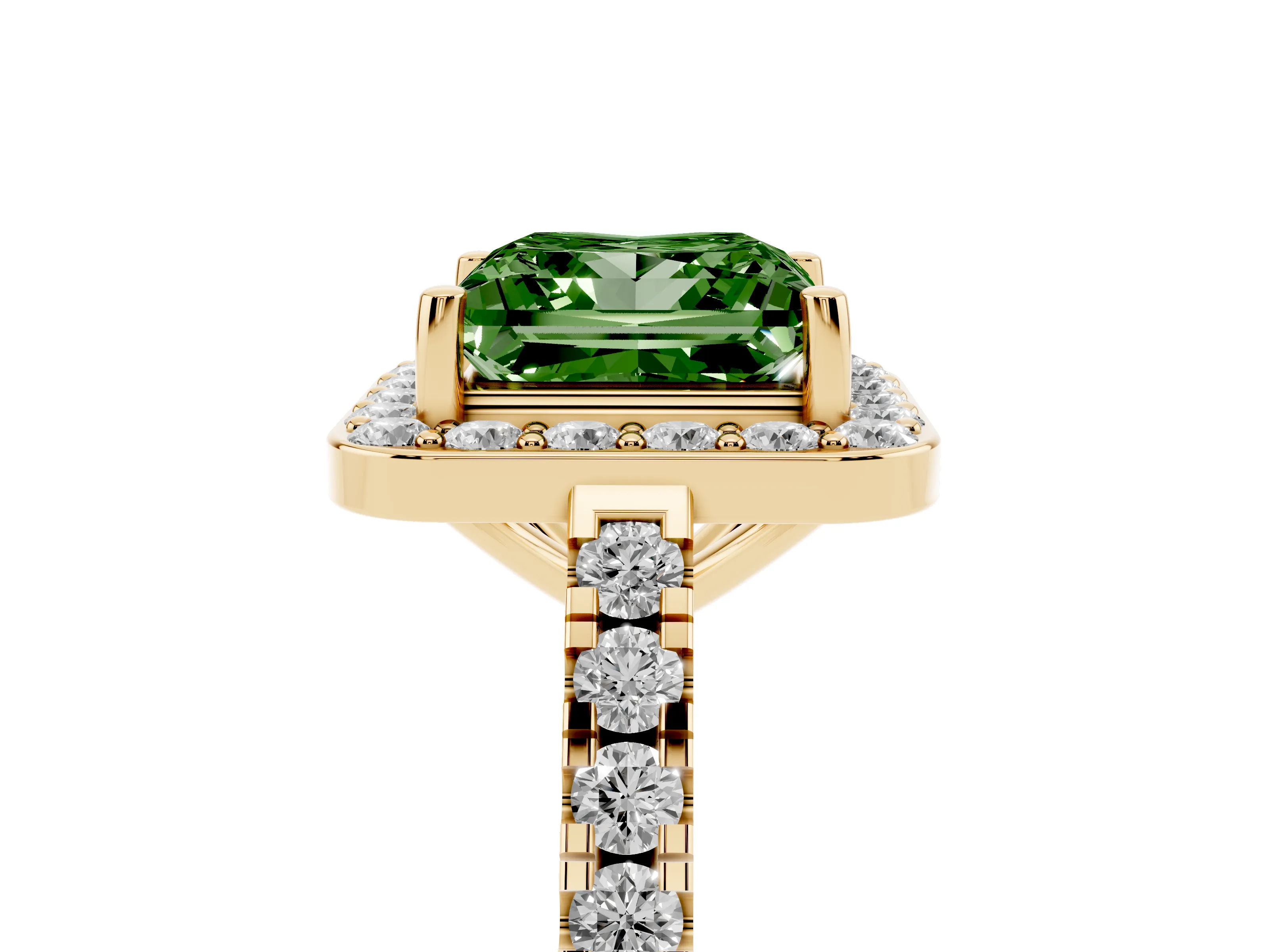 Fancy Green Princess Cut Diamond Halo Ring Set in Yellow gold with Round Pavé Split Shank and Prong Setting