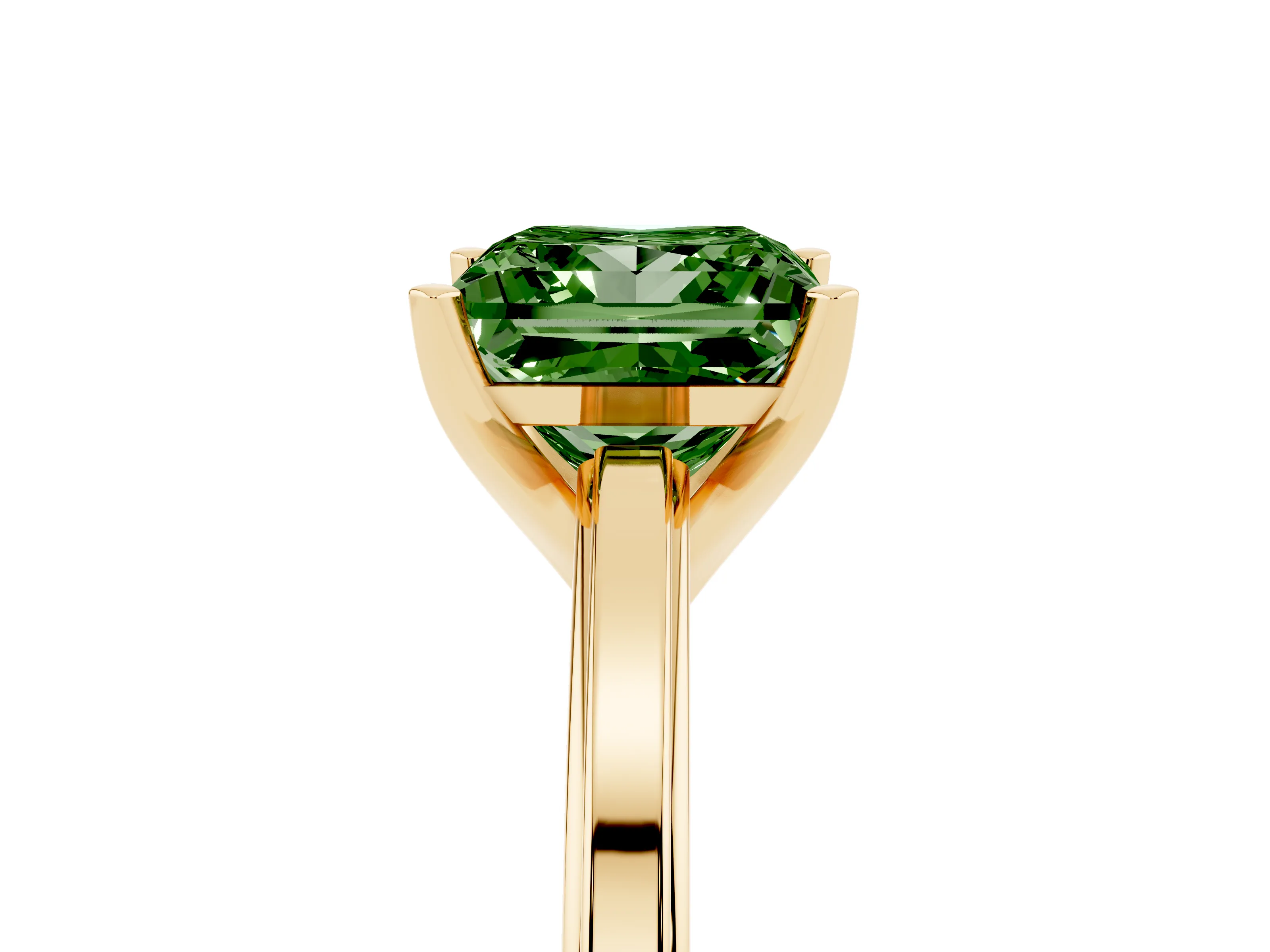 Fancy Green Princess Cut Diamond Solitaire Ring Set in Yellow gold with Prong Setting and Classic Band