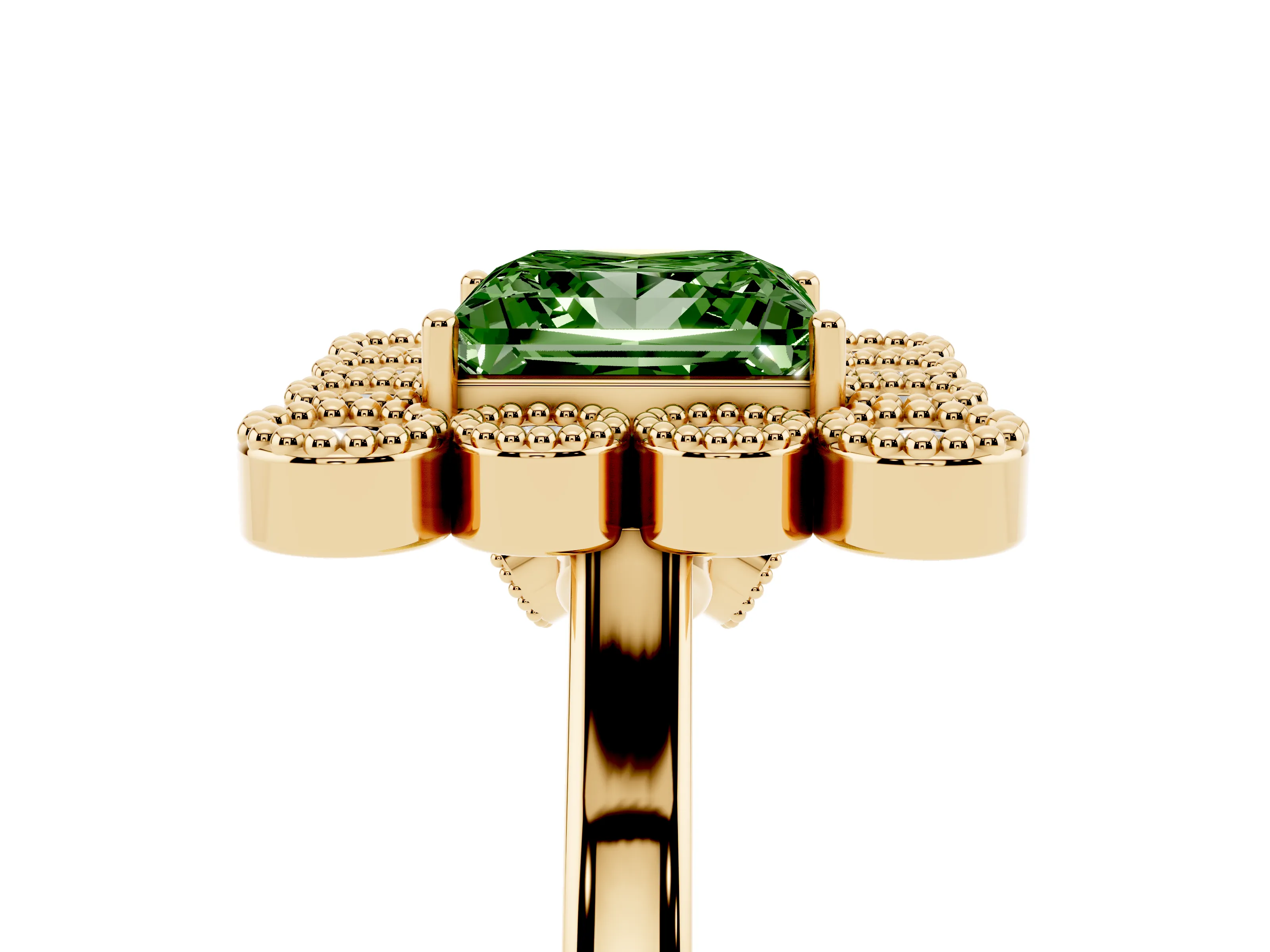 Fancy Green Princess Cut Diamond Cluster Halo Ring Set in Yellow gold with Milgrain Bezel Accents and Plain Band