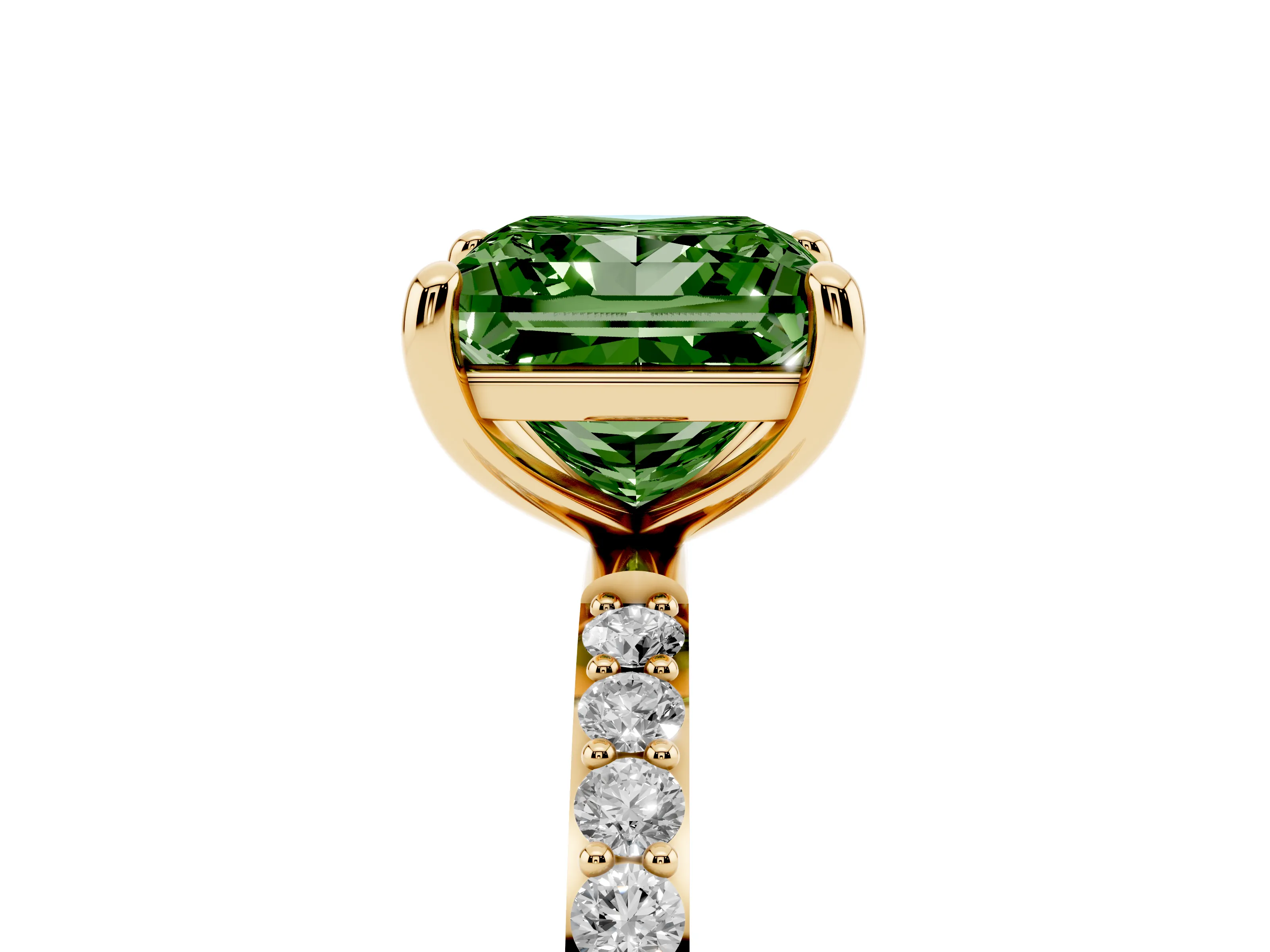 Fancy Green Princess Cut Diamond Solitaire Ring Set in Yellow gold with Round Pavé Band and Prong Setting