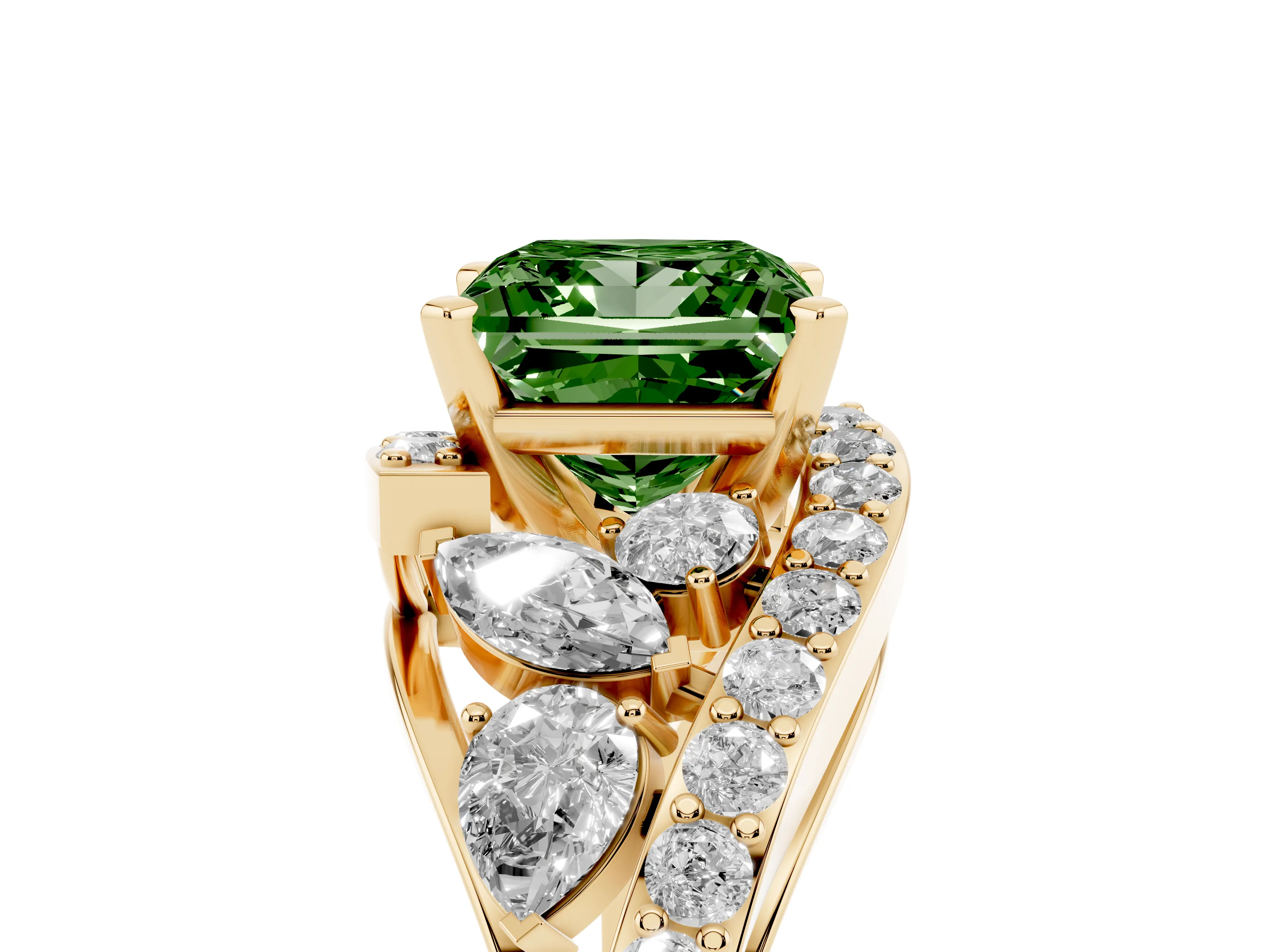 Fancy Green Princess Cut Diamond Halo Ring Set in Yellow gold with Marquise and Pavé Band in Prong Setting