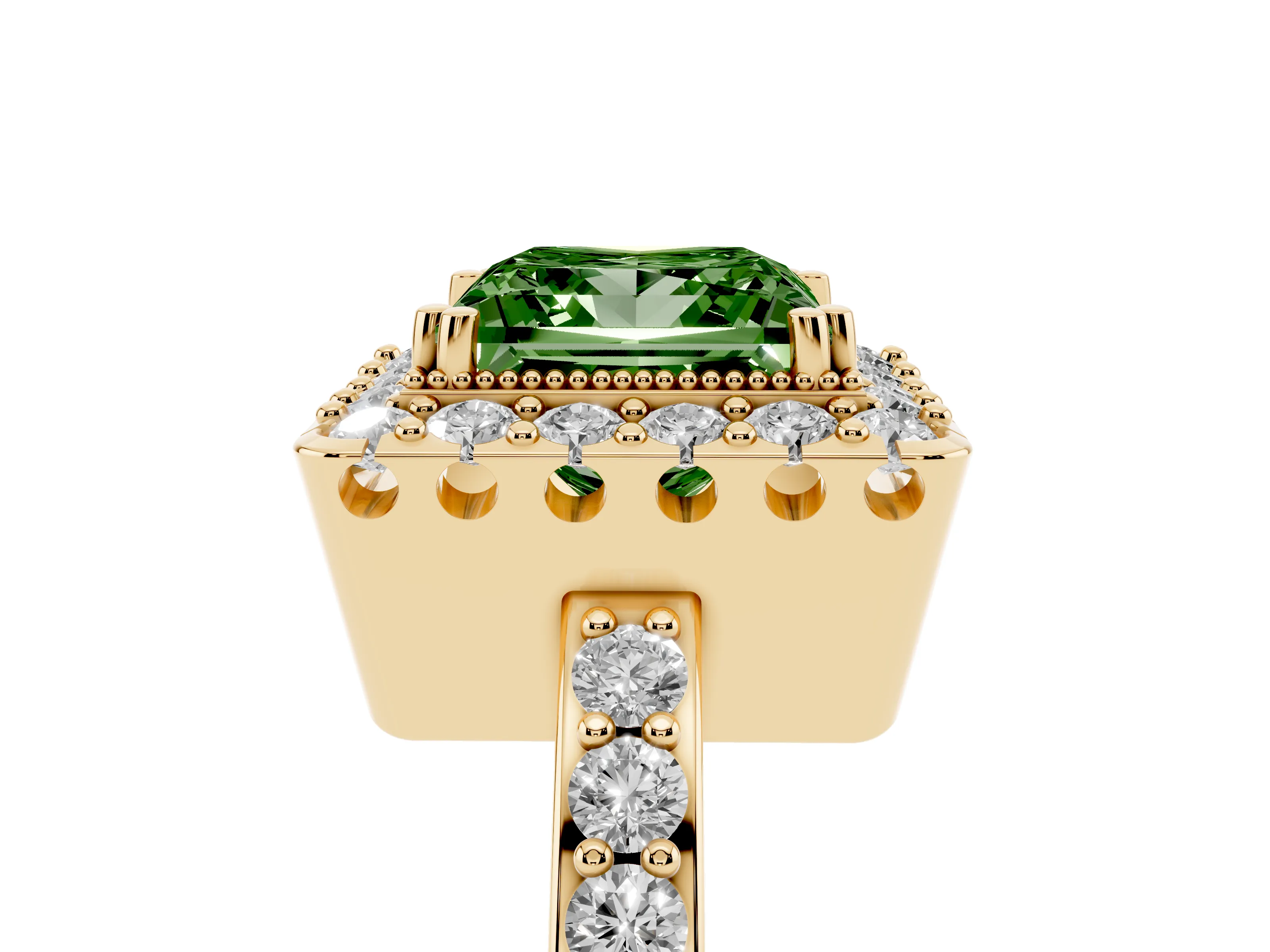 Fancy Green Princess Cut Diamond Halo Ring Set in Yellow gold with Pavé Shank and Prong Setting