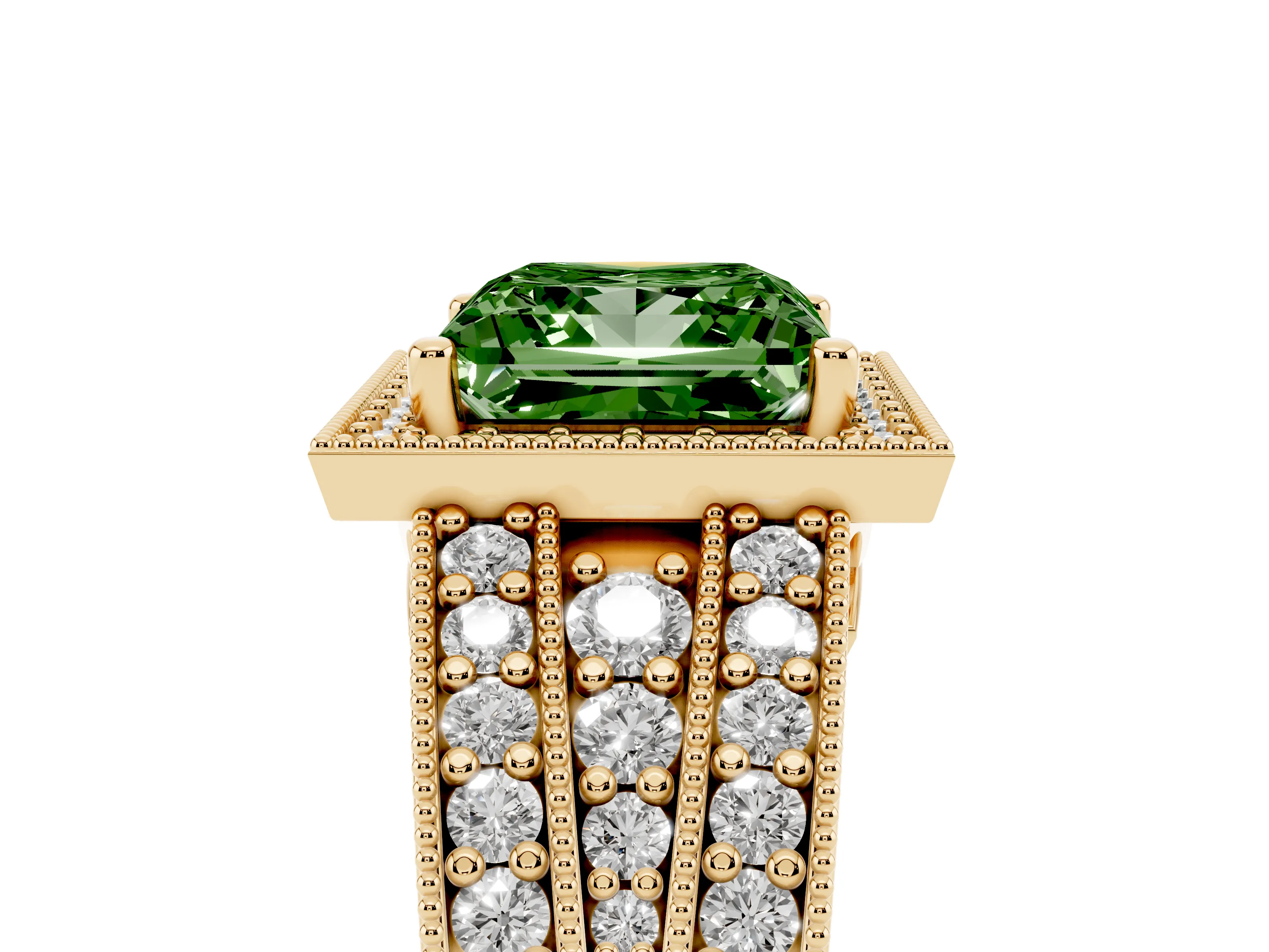 Fancy Green Princess Cut Diamond Halo Ring Set in Yellow gold with Accent Split Shank and Prong Setting