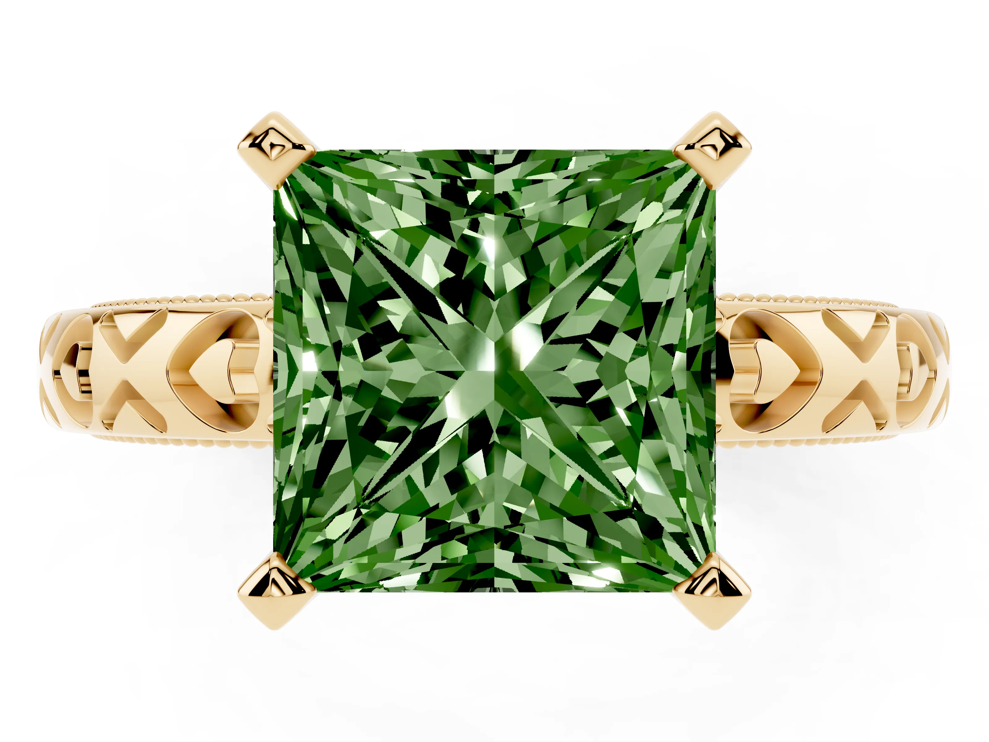 Fancy Green Princess Cut Diamond Solitaire Engagement Ring Set in Yellow gold with XO Engraved Band and Prong Setting
