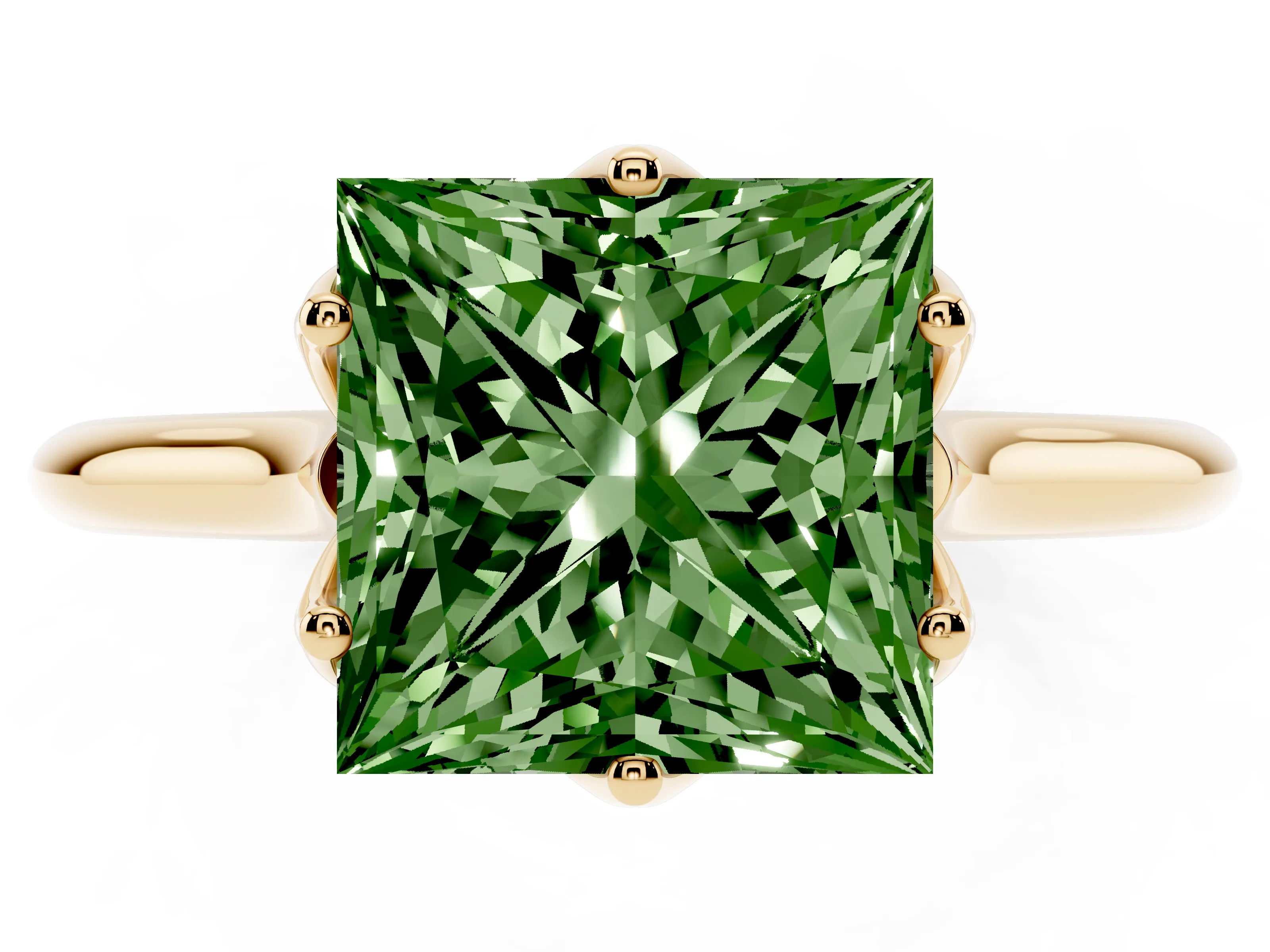 Fancy Green Princess Cut Diamond Solitaire Cathedral Ring Set in Yellow gold with Prong Setting