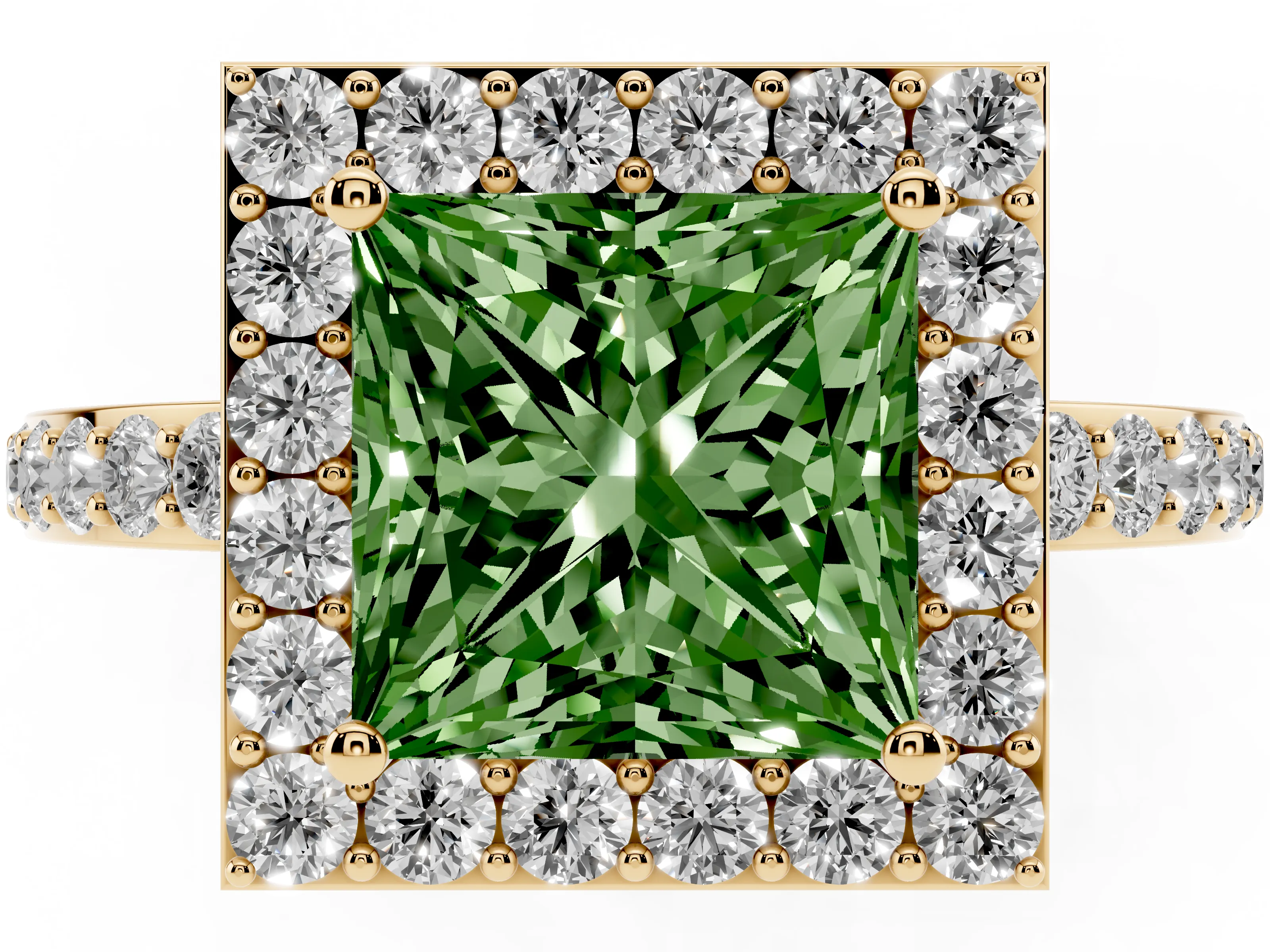 Fancy Green Princess Cut Diamond Halo Ring Set in Yellow gold with Pavé-Setting Band and Open Prong Center