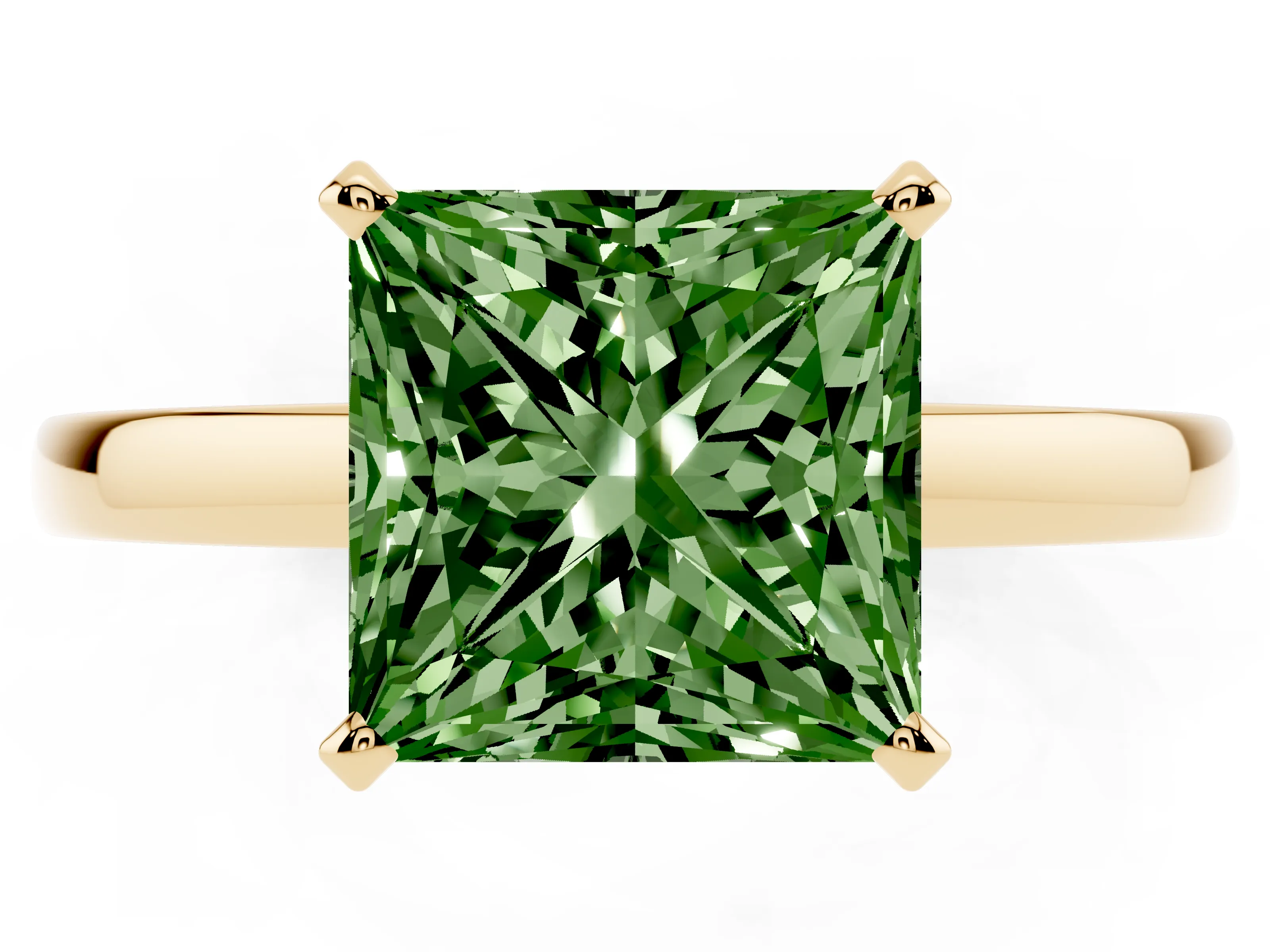 Fancy Green Princess Cut Diamond Solitaire Engagement Ring Set in Yellow gold with Prong Setting on a Classic Band