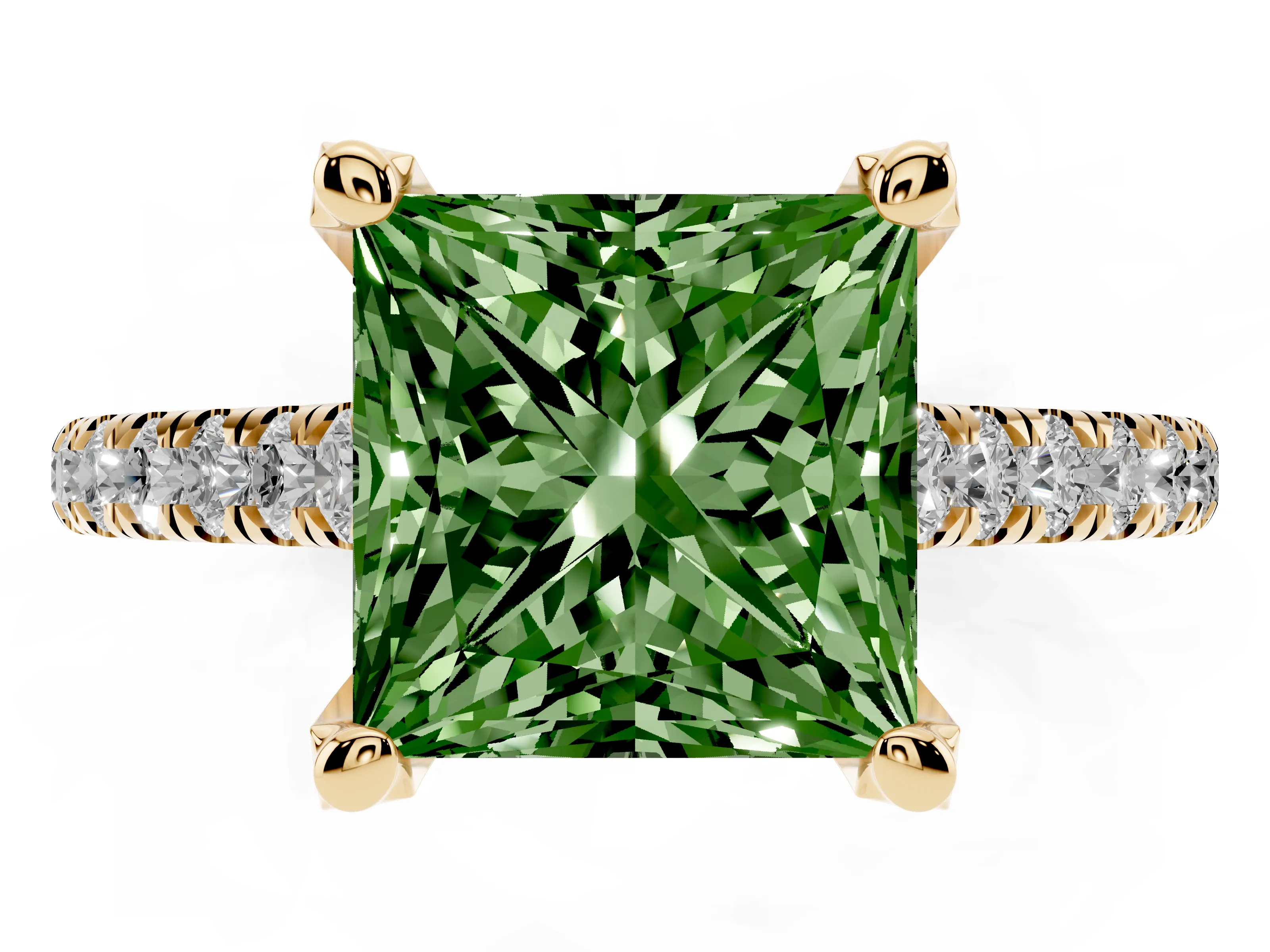 Fancy Green Princess Cut Diamond Solitaire Ring Set in Yellow gold with Brilliant Pavé Band and Prong Setting